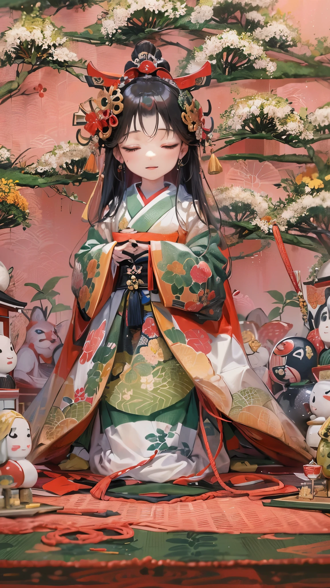 ((a close up of a display of asian figurines on a red carpet, japanese collection product, by Kanō Tan&#39;yū, porcelain japanese mannequins, traditional japanese, feudal japanese setting, ( ready - made ), heian, by Shūbun Tenshō, edo period, feudal era japan, traditional geisha clothing, japan)), break, (solo:1.3 blunt:1.2 bangs black hair long hair beautiful divine girl, 14 yo, detailed closed eyes, best smile), (in a shrine maiden costume), (perfect anatomy, masterpiece:1.2, best quality, 8k, beautiful detailed grow, daydreaming expression)