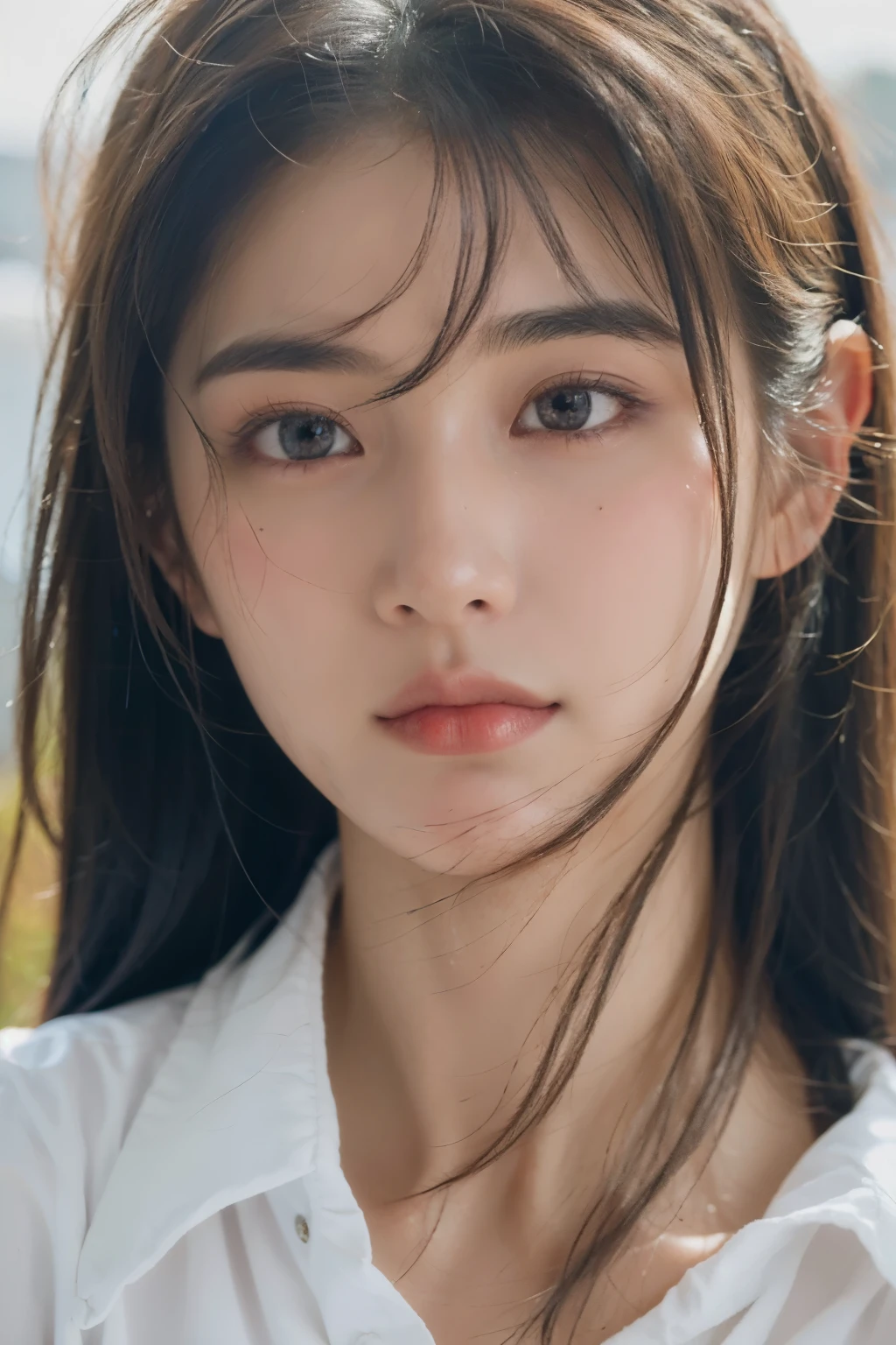 Alafed woman with long hair and white shirt staring at camera, young cute wan asian face, Young adorable Korean face, girl cute-fine-face, Young cute face, detailed face of a asian girl, soft portrait shot 8 k, the face of a beautiful Japanese girl, cute natural anime face, Beautiful delicate face, portrait cute-fine-face, Extremely beautiful face