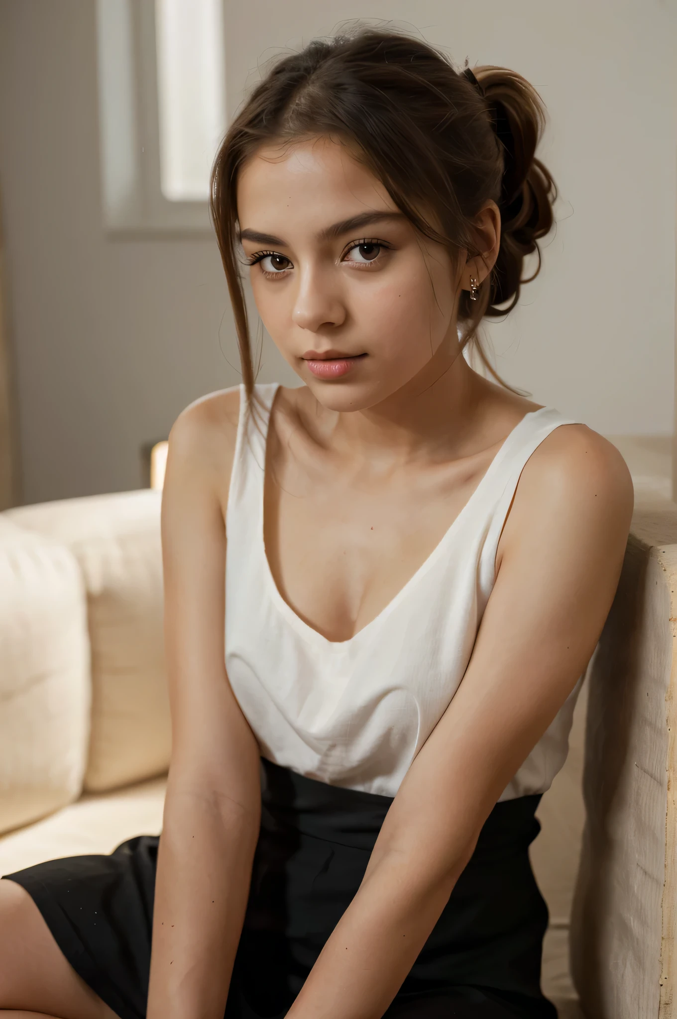 portrait photography. high quality. detailed photo. beautiful girl looking at the camera. I sit and look at the camera. hair pulled back into a ponytail. девушка sits straight and looks at the camera. in a black dress. стройная девушка in a black dress, sits straight and looks at the camera. plump lips. closed mouth. mouth closed