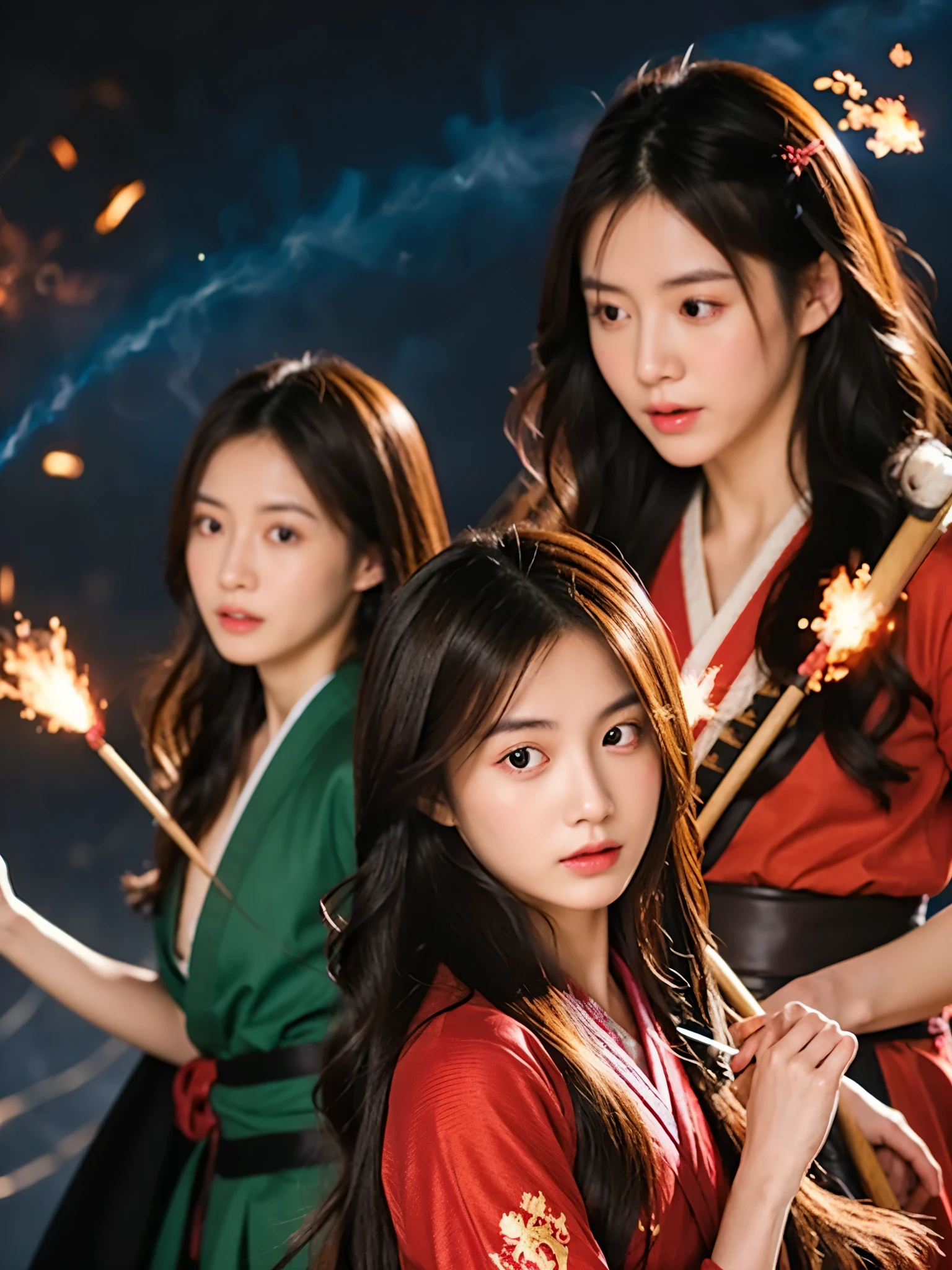 4 girls,beautiful japanese girl,long hair, carrying a katana, and a dragon fire background,behind her and colorful particle effects that shift towards red laser in the style of hyperrealistic photography, capturing every intricate detail, intense facial expression, Canon EOS R5, photorealistic 50mm, fantasy-inspired