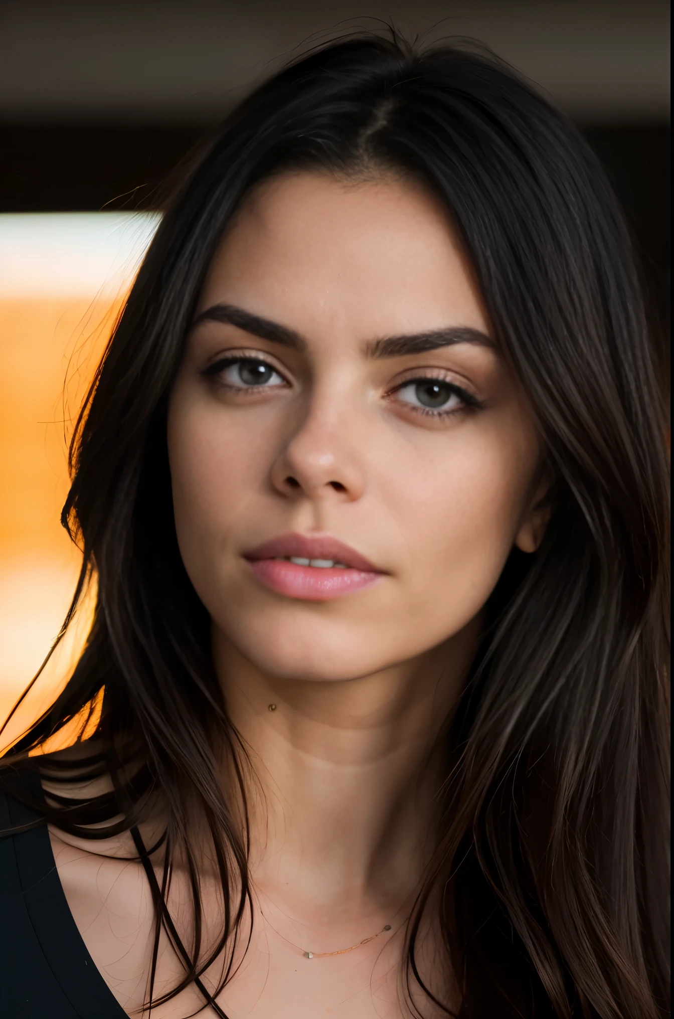 mujer hermosa, pelo negro largo y liso, vistiendo una camiseta blanca sin estampado, wearing leather belt, vista frontal (sentado dentro de un restaurante moderno por la noche), Cara Delevigne, Muy detallado, 30 years, cabello ondulado natural, blue eyes, high resolution, Obra maestra, Mejor calidad, detalles intrincados, muy detallado, sharp focus, Piel detallada, realista skin textura, textura, ojos detallados, profesional, 4k, disparo con canon, 85mm, poca profundidad de campo, kodak color vision, cuerpo en forma perfecta, extremadamente detallado, Foto_\(ultra\), Fotorealista, realista, Postprocesamiento, maximum detail, aspereza, vida real, ultra realista, Fotorealism, Fotography, 8k UHD, Fotography (film grain) Medium shot for close-up Atmospheric dark lighting