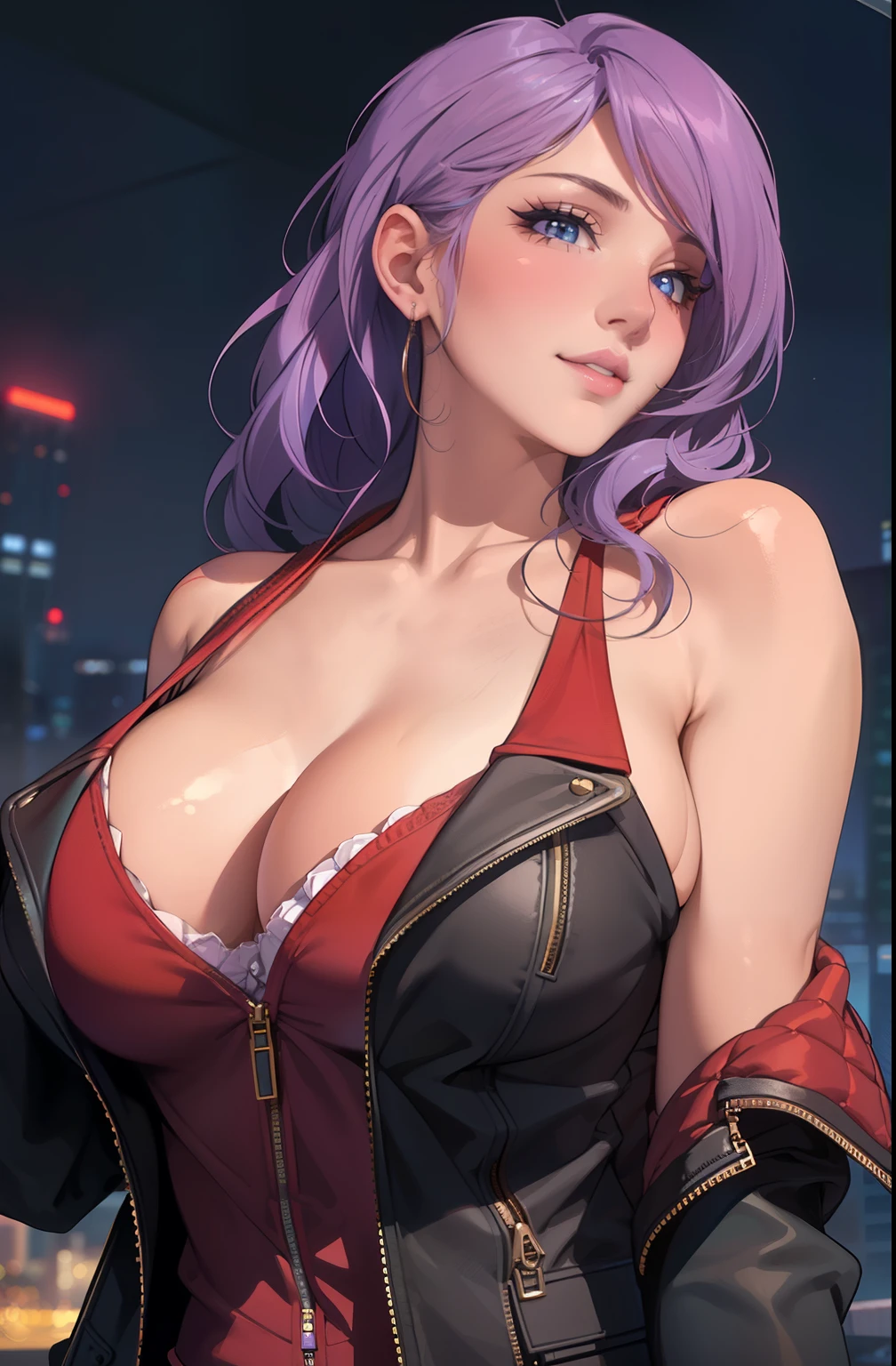 Girl in casual clotheedium chest、cleavage、cityscape、flirty look、((very detailed))、(perfectly detailed face)、(detailed hands) photorealistic images。