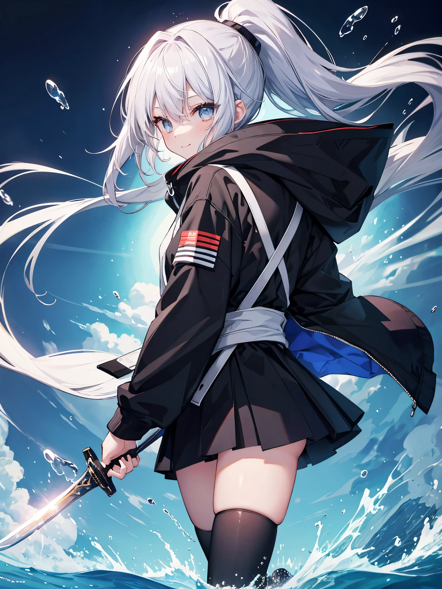 1people girl,gray hair,have,Two dimensions,cute,white hoodie,Are standing,ponytail,black skirt,smile,piece,wink,No background,feet_Equipment,In combat,right hand_I have a long sword,cool,walking,sword on waist,walking forward,evening,black sneakers,Socks 1:1 black,feetに装備,high resolution,4K,black jacket,ski mask,wear a hood,left hand_拳銃have,light blue_eye,splash of water,lowering the sword,My hair is slick,from the front,short socks,right handだけ黒手袋,sword holder,Panty shot
