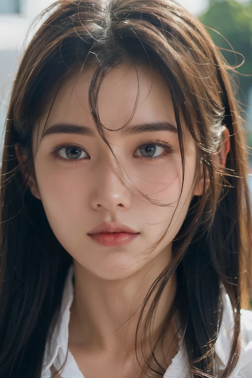 Alafed woman with long hair and white shirt staring at camera, young cute wan asian face, Young adorable Korean face, girl cute-fine-face, Young cute face, detailed face of a asian girl, soft portrait shot 8 k, the face of a beautiful Japanese girl, cute natural anime face, Beautiful delicate face, portrait cute-fine-face, Extremely beautiful face