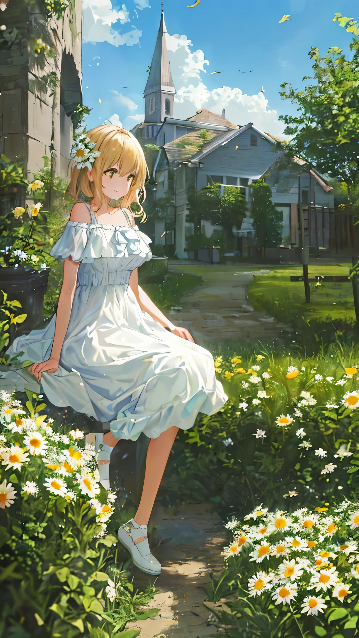 Masterpiece-grade CG, Maximum image quality and detail, Photo-level realism (1.4). (1 girl), wearing a white dress, slightly exposed shoulders, delicate and glowing skin, smile, in the garden, surrounded by yellow daisies, I raised my head slightly to look up at the bright sky, The painting adopts artistic thick painting style, Soft brightness, 4K HD Wallpapers, Better volumetric cloud effect.