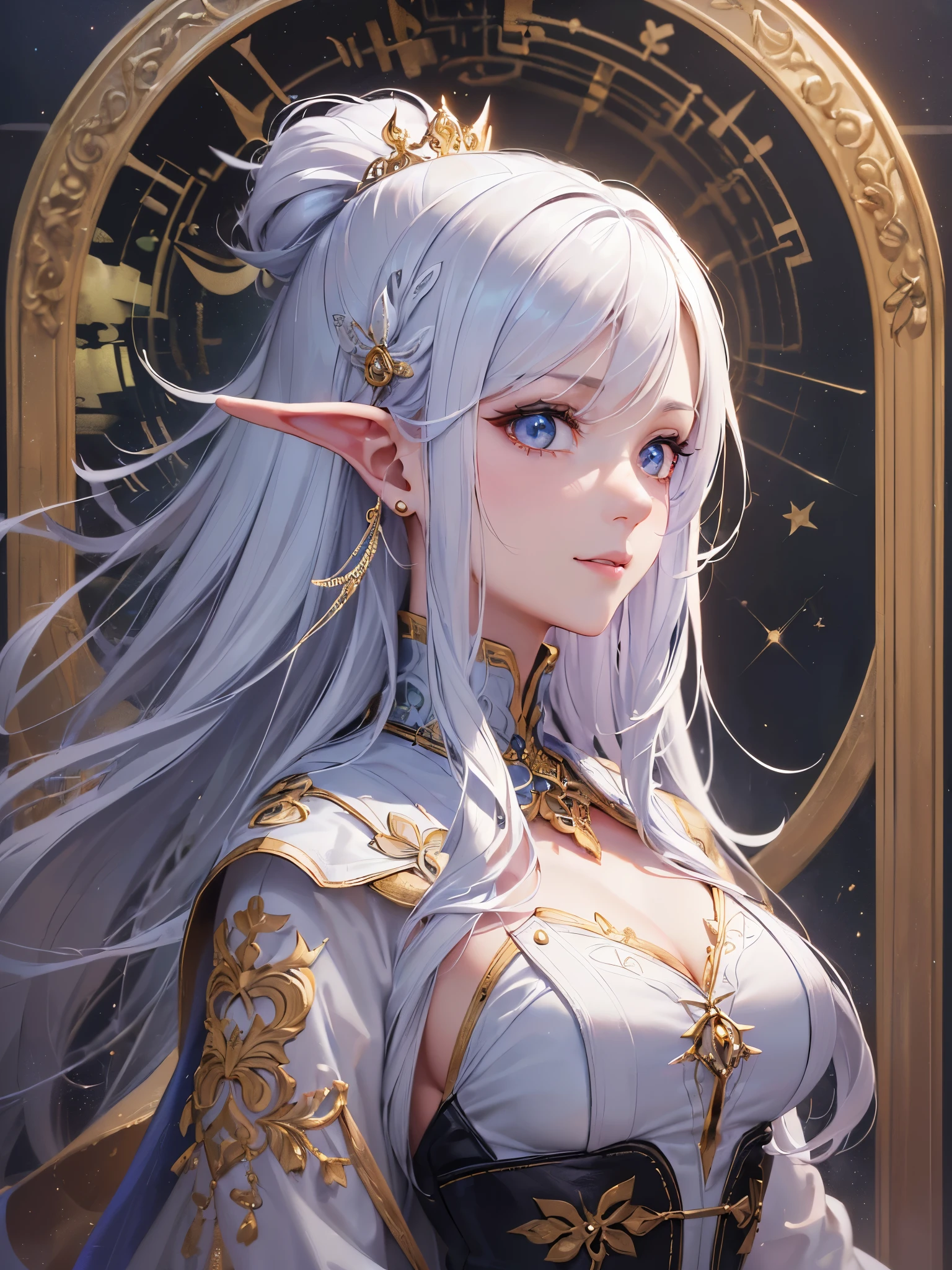 ((highest quality)),(ultra high resolution),(Super detailed),(detailed description),((best CG)),(best work of art),super precision art,amazing drawing art,(Fantasy art with precise details:1.5),(1 female wizard 1.7),(beautiful and well-shaped face:1.5),(White Witch Robe:1.6,Detailed and detailed embroidery:1.5),Smile:1.6,