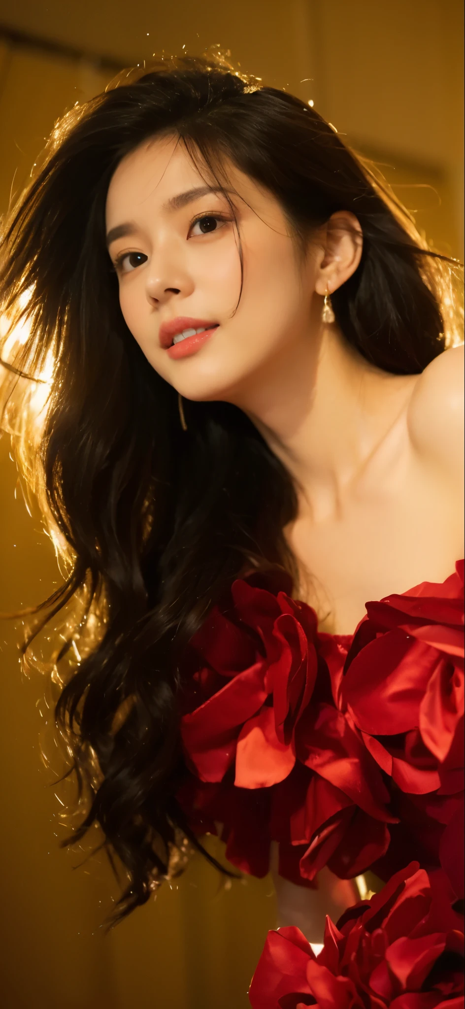 ((Masterpiece, Top image quality, high resolution、alone、skin shiny))(on the table, best quality, actual, super detailed, meticulous, high resolution, 8k wallpaper),huge breasts, Close-up portrait of a beautiful woman, like, smiling, light brown messy hair, Perfect dynamic composition, 美丽meticulous的眼睛, Just like the cover of a fashion magazine, on campus,Gorgeous costumes,hot stamping clothing,One of them is wearing a pink tulle dress,long black hair、8-year-old girl wearing pink bow hairpin sitting on the ground holding balloons,The white buds do not exceed the knees,girl'bedroom,pink girl'Room decoration。