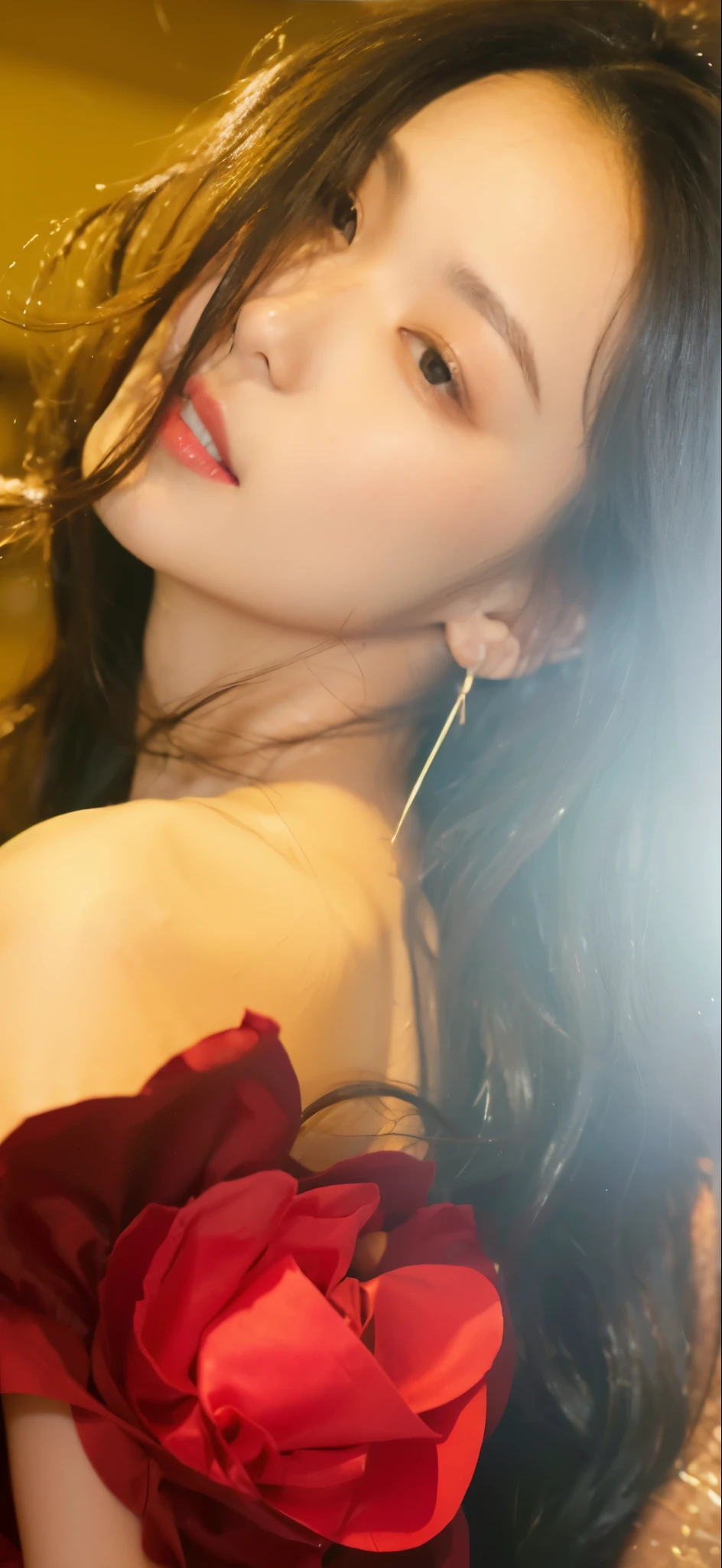 ((Masterpiece, Top image quality, high resolution、alone、skin shiny))(on the table, best quality, actual, super detailed, meticulous, high resolution, 8k wallpaper),huge breasts, Close-up portrait of a beautiful woman, like, smiling, light brown messy hair, Perfect dynamic composition, 美丽meticulous的眼睛, Just like the cover of a fashion magazine, on campus,Gorgeous costumes,hot stamping clothing,One of them is wearing a pink tulle dress,long black hair、 wearing pink bow hairpin sitting on the ground holding balloons,The white buds do not exceed the knees,girl'bedroom,pink girl'Room decoration。
