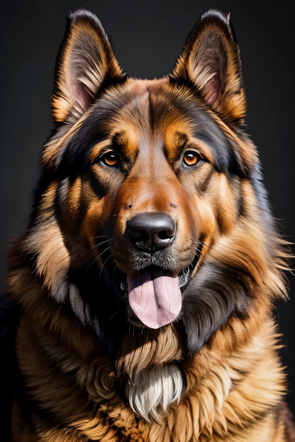 Beautiful portrait of a large fluffy Alsatian dog, professional portrait. photorealistic, illustration, bright colours, highly detailed