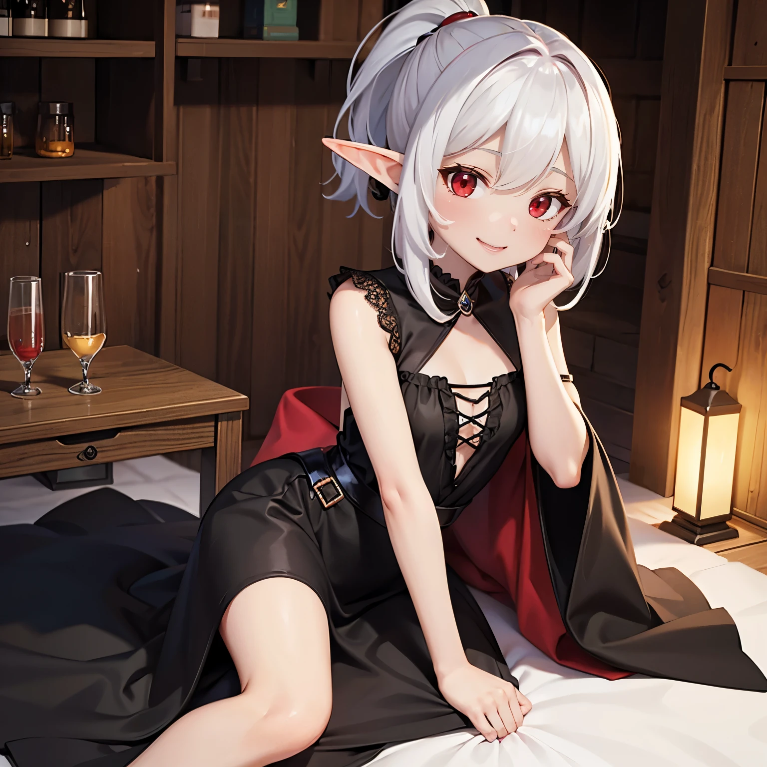Elf, tan, white hair, red eyes, ponytail, short, black gown, happy, gem in forehead, cabin, medium chest, mature, 18+, pretty, make up