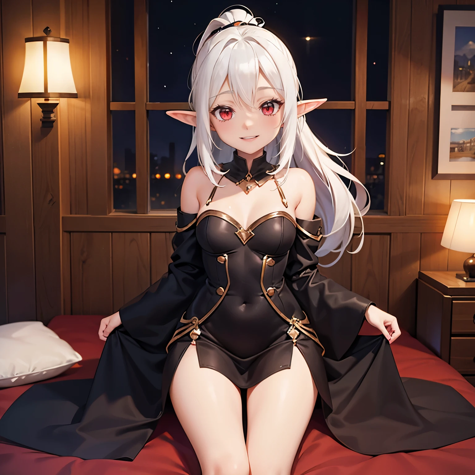 Elf, tan, white hair, red eyes, ponytail, short, black gown, happy, gem in forehead, cabin, medium chest, mature, 18+, pretty, make up