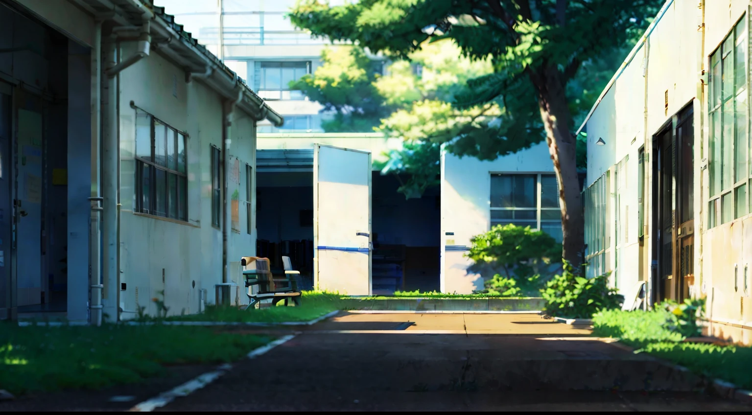 a bench under the tree inside a school, white wall of the school, mid day, camera from in front of the bench, makoto shinkai style