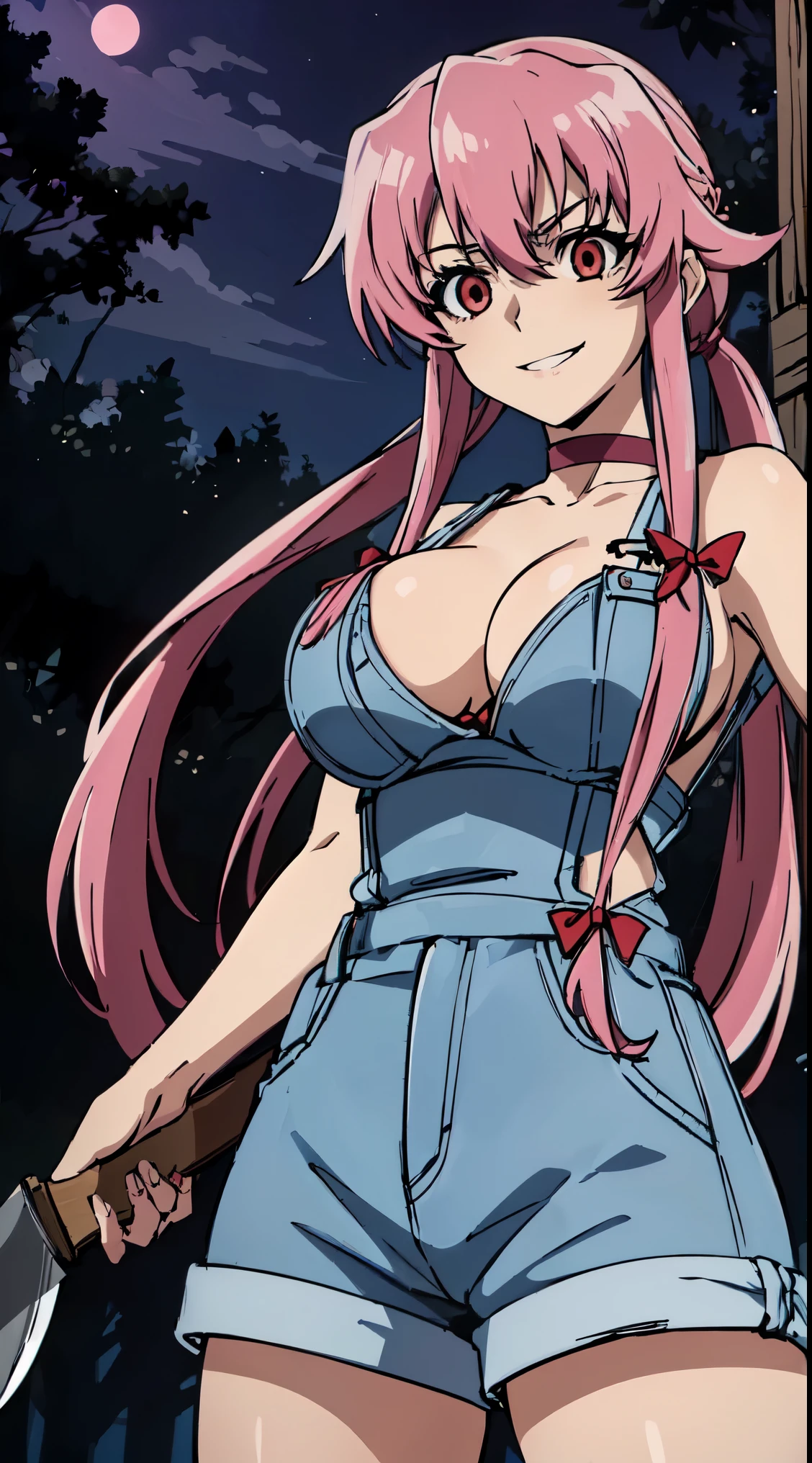 explicit, beautiful, amazing, high quality, detailed background, a woman with large breast in a woods, 1girl, breasts , , , pink hair, (large breasts:1.5), twintails, long hair, solo focus, mirai nikki, black choker, dark grey overalls, leather gloves, red eyes, chasing you through the woods, ((nigth:1.5)), crazy, ((crazy eyes)), ((crazy stare)), (fanart of Gasai Yuno), (angry eyes:1.1), (perfect hands:1.4), (masterpiece), best quality, expressive eyes, VHS, ((nigth)), (Parfect Hand:1.3), 4k, 8k, 1980s, from below, (standing over you), (Blood:1.1),Horror, (evil smile:1.4), (evil eyes:1.6), (holding machete:1.5), horror scane,