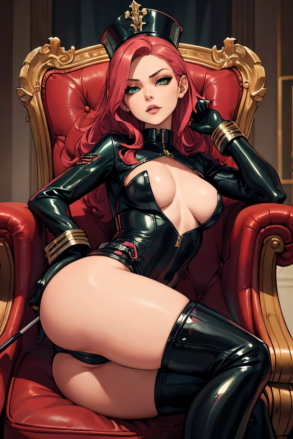 slim body, only tight leather clothes, domina leather clothes, small girl, sitting on a throne, sitting on a armchair full body, ass, red-pinkish hair, green eyes, medium big breasts, holding a riding crop, dominant seductive facial expression, leather miniskirt, sitting laterally