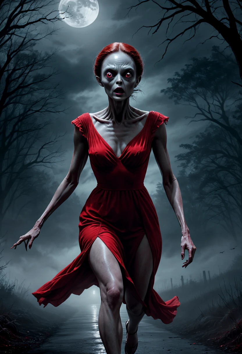 A sexy woman with a devil's head
 in hell with fire
 with horns
 Scary and skeleton face with an evil laugh
 The full length, including the legs, should be clear
 A black dress and naked
Whit a red body