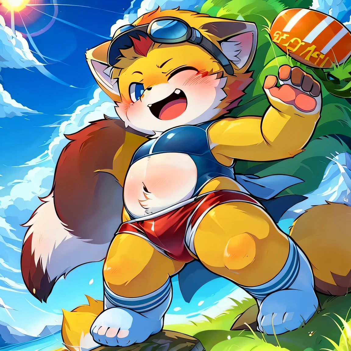 1 boy,Vague, hairy, white red panda, Red panda orc, Wearing white socks on his feet, stand, Grass background, dark Red hair on body, red panda pattern, white belly, Shy, Cat ears, empty eyes, Red hair, Cat ears, 熊Cat ears, goggles, panoramic, ultra high definition, high quality,Dark brown hair,swimsuit
