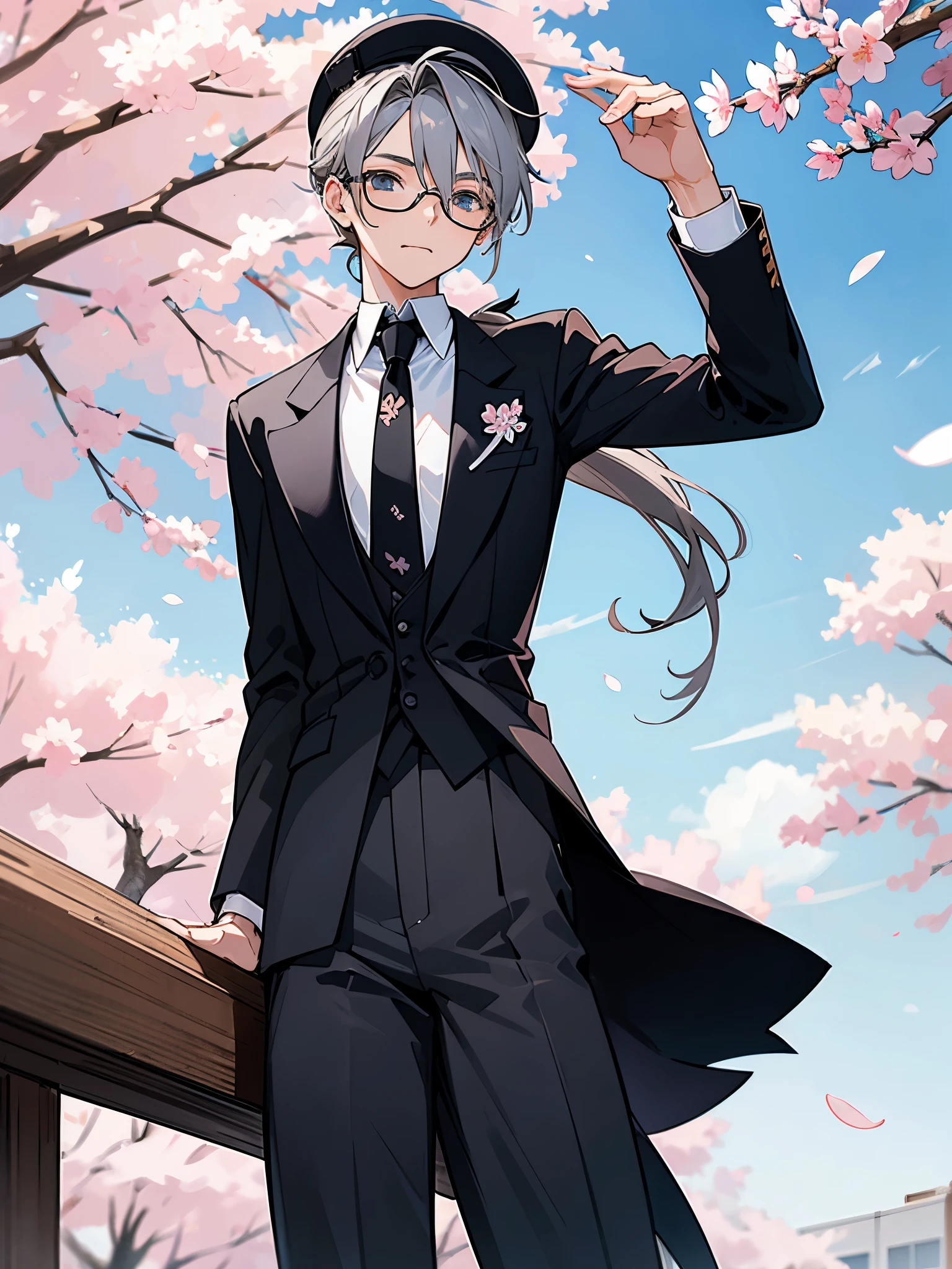 （muste piece）（High definition）teenage male android、alone、gray hair、ponytail、hat、Tuxedo、tie、wearing glasses、tilting your head、mouth closes、background（The weather is sunny but there are clouds、cherry blossoms）