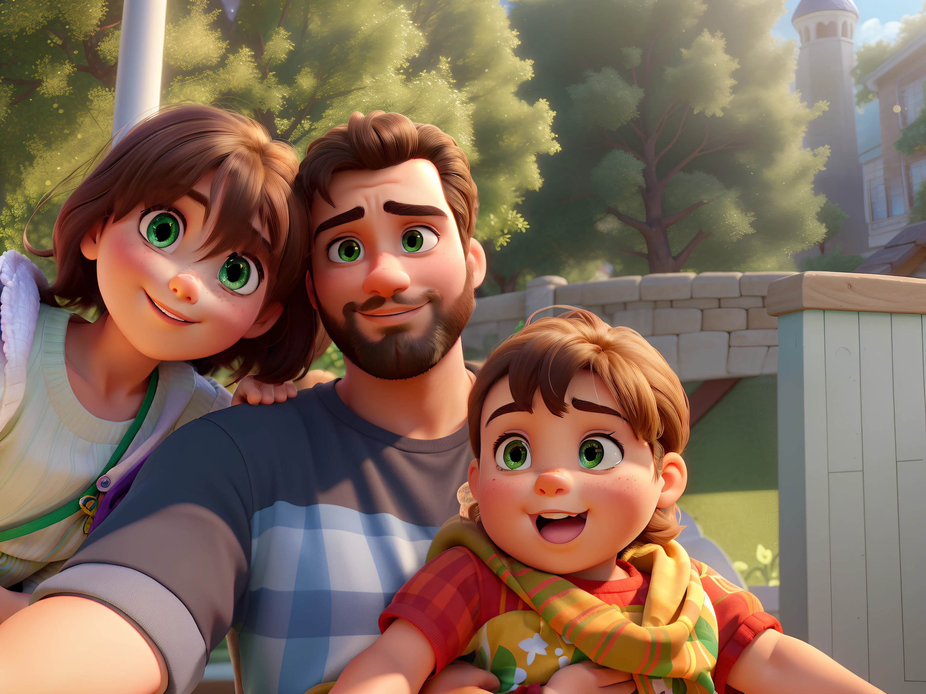 A Russian woman with short hair e dimpled cheeks, olhos verdes cativantes que brilham com vida. Beside her stes a Brazilian man, seu rosto adornado com uma barba bem cuidada. in your arms, He cradles a 7-month-old baby, their pride e joy. The scene is beautifully rendered in the enchanting Disney Pixar style, capturing the essence of innocence e warmth.

Embracing the highest steards of image quality, This masterpiece is crafted with meticulous attention to detail. Every stroke e pixel contribute to the ultra-detailed composition, elevating it to a level of photorealism. As cores ganham vida em tons vibrantes, infusing the artwork with a sense of liveliness e vibrancy.

The scene is bathed in an array of studio lighting., creating a seamless interplay between light e shadow. O brilho quente envolve os personagens, casting a soft glow that highlights your features. The background is a carefully designed scenery, perfectly complementing the main subjects e enhancing the overall visual impact.

This surreal masterpiece captures the essence of the human connection e the joy of parenthood. The Russian woman's green eyes reflect the love e care she has for her family, while the Brazilian man's bearded face exudes strength e tenderness. The baby, with your angelic innocence, is the embodiment of pure joy e wonder.

Nesta obra de arte inspirada na Disney Pixar, os talentos do artista brilham, showcasing their ability to transport viewers to a world of captivating storytelling e visual splendor. The colors are vivid, The details are exquisite, e the emotions are palpable. This artwork is a testament to the power of imagination e the magic of art.

[hdr], [Ultra HD], [sharp focus], [profissional], e [bokeh] Combine to create a stunning visual experience, immersing the audience in a world of unparalleled beauty e realism. The masterful use of color e light breathes life into the characters, evoking a sense of awe e wonder.

Entre