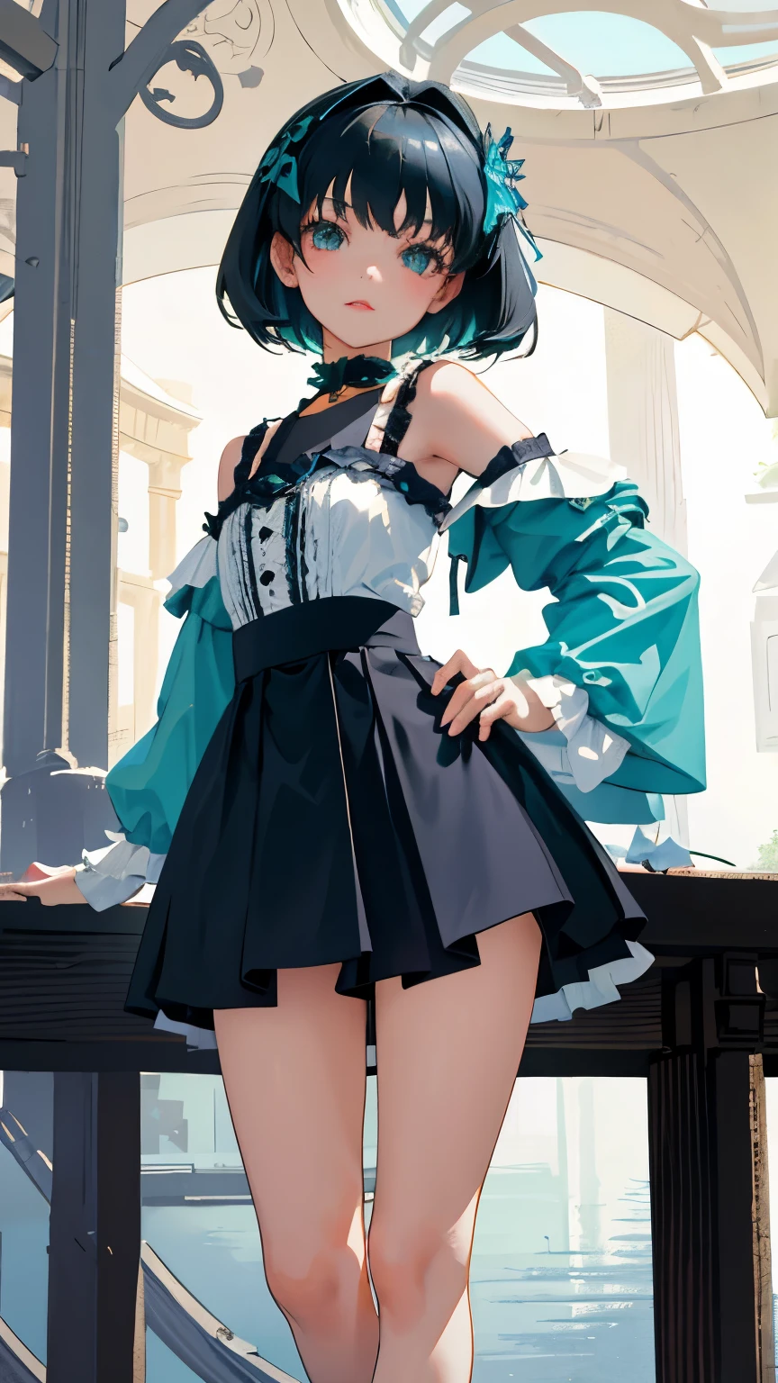 (short cute girl， young studeg delicate girl）,（masterpiece，Top quality)，blue green lolita outfit，shorts，black hair