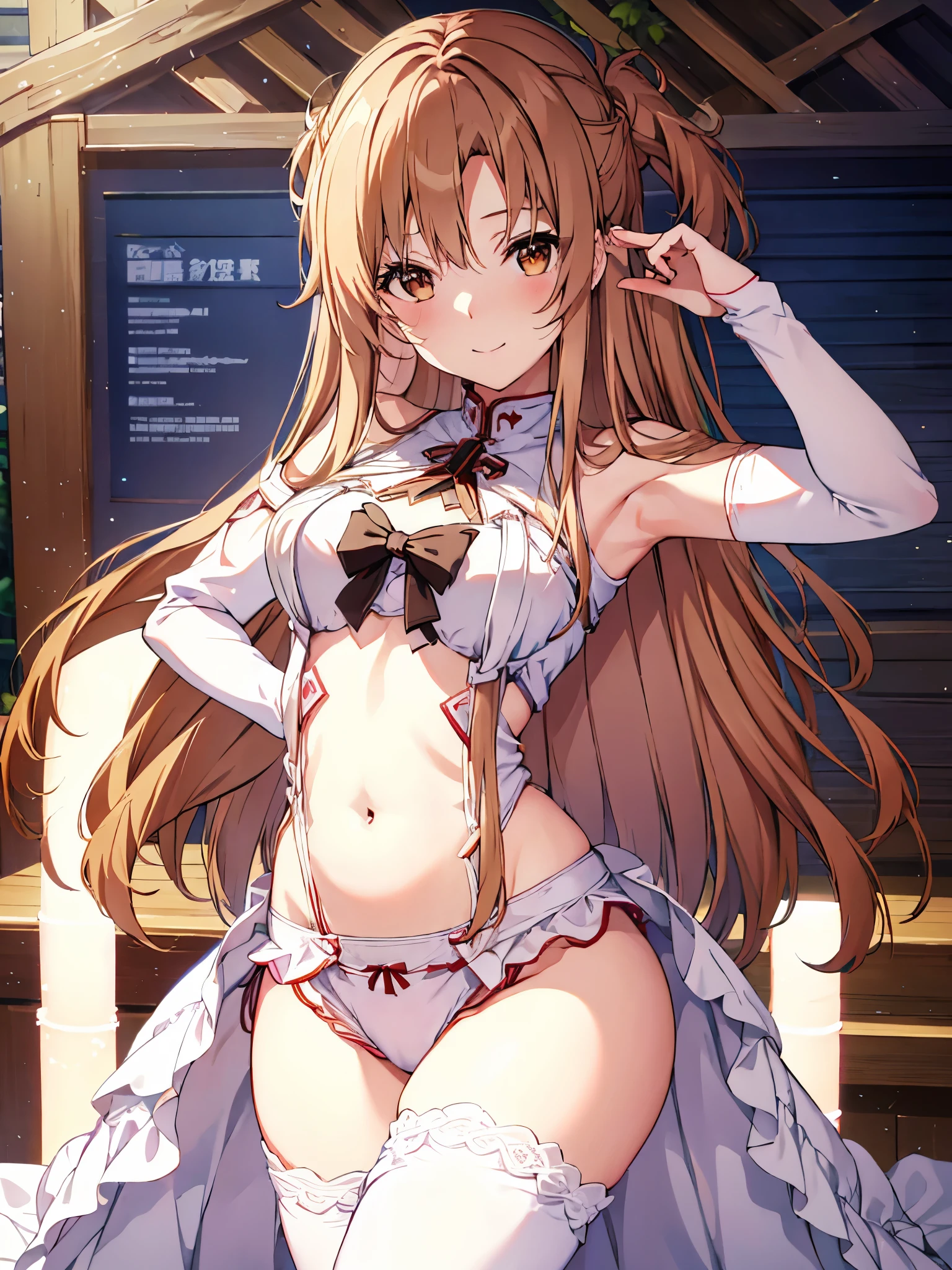 Asuna、brown hair, masterpiece、A cute girl no matter who you look at、arms on both sides、最high quality、 [3D images:1.15]、[8k images:1.5]、three-dimensional sense、cowboy shot、Are standing、best image quality、underwear、1 girl, ( asunayuuki:1.2)、high quality、High resolution、最high quality、(masterpiece:1.2)、very detailed、in house、(紫のunderwear、赤いunderwear、 underwear),receipt, looking at the viewer, smile,realistic eyes、A cute girl no matter who you look at、The absolute standard is the center of the navel、High resolution、cute chest,underwear、smile，in the room， (close shot, 最high quality, Shinobi Kochou,High resolution, 4k, detailed lighting, shader, NSFW), 白いunderwear、lingerie、A woman who is cute no matter who sees her、arms on both sides