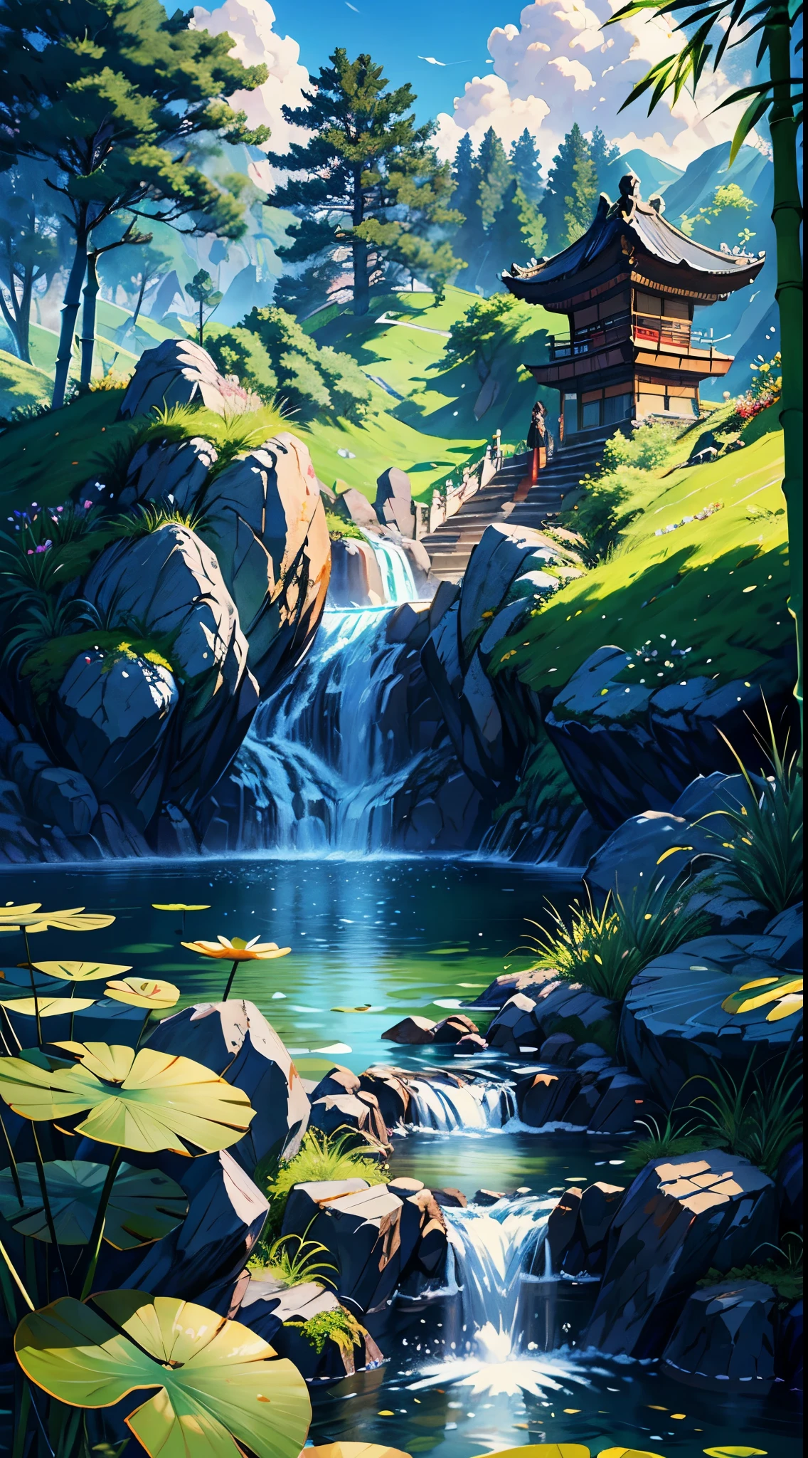 ancient Chinese architecture,blue sky,white clouds,garden,of bamboo,lakes,Stone,rockery,arches,corners,the trees,running water,landscape,out door,waterfalls,Grassland,Rock,water lilies,onsen,water vapour,(illustartion:1.0),Epic composition,Realistic lighting,high-definition details,Jeizuo,The best quality,(Very detailed CG unified 8k) --v 6