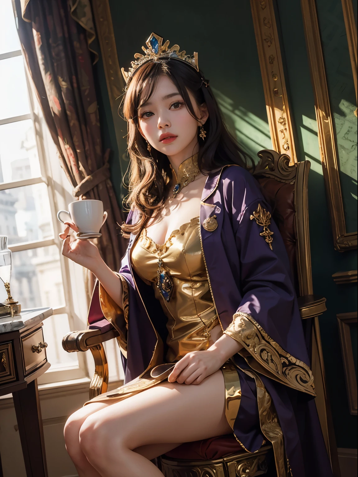 masterpiece, highest quality, highest quality, official art, beautiful and aesthetic:1.2), (1 girl:1.3), very detailed,(steampunk:1.2),colorful,Place the most detailed royal palace-like ornate buildings and luxurious interiors in the background.。In the background is a throne decorated with marble and gold leaf.、A magnificent chandelier is reflected。 The espresso emperor itself、Wearing noble golden and purple robes and crowns、王族のような風格haveます。It has dignity、Show your confidence as a champion to the audience。 Pause: The espresso emperor、I'm sitting on the throne、That attitude is々It is said that。Scepter in right hand(king's staff)have、Hold up a coffee cup with your left hand、Showing the audience their authority and the greatness of coffee。 Special effects: Around the espresso emperor、gold light shines、Gives the viewer the illusion of being inside the royal palace。Also、The background features gorgeous lights and shadows.、further emphasizes his dignity。 camera angle: The camera is positioned slightly diagonally from the front of the Espresso Emperor.、emphasizes kingship and dignity。顔やPauseをよく見せるため、Set the background to a wide open space.