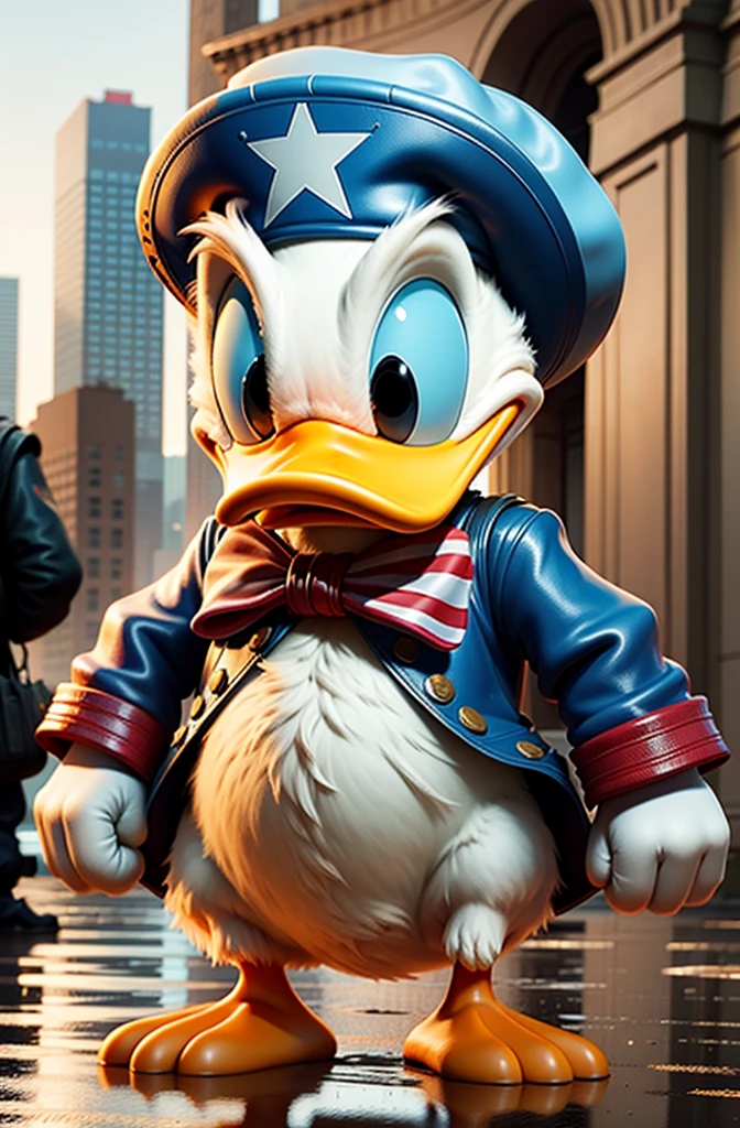 d0nald wearing Captain America suit, city, white gloves