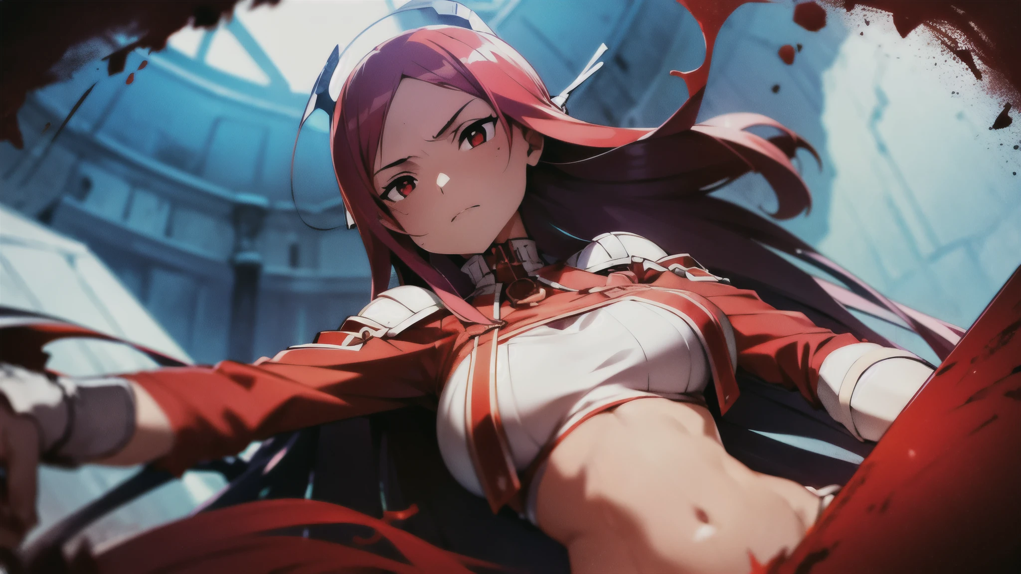 girl, belly button, big breasts, curvy, Queen, bullying, slaughter, enemies helmet in hand, red fluid on body, red liquid on armor, Red fluid on my belly button, Red fluid on my chest, tall, long sword in hand, slashing sword, red liquid splashing, red liquid on my belly button, red liquid on belly, gun, knife, sword, war, battlefield, underwear, kill, shot from below, sensual, Red fluid on my chest, serious, murderous face, enemies helmet with red liquid, enemy is falling, giving the final blow, background(fallen soldier with red liquid) 