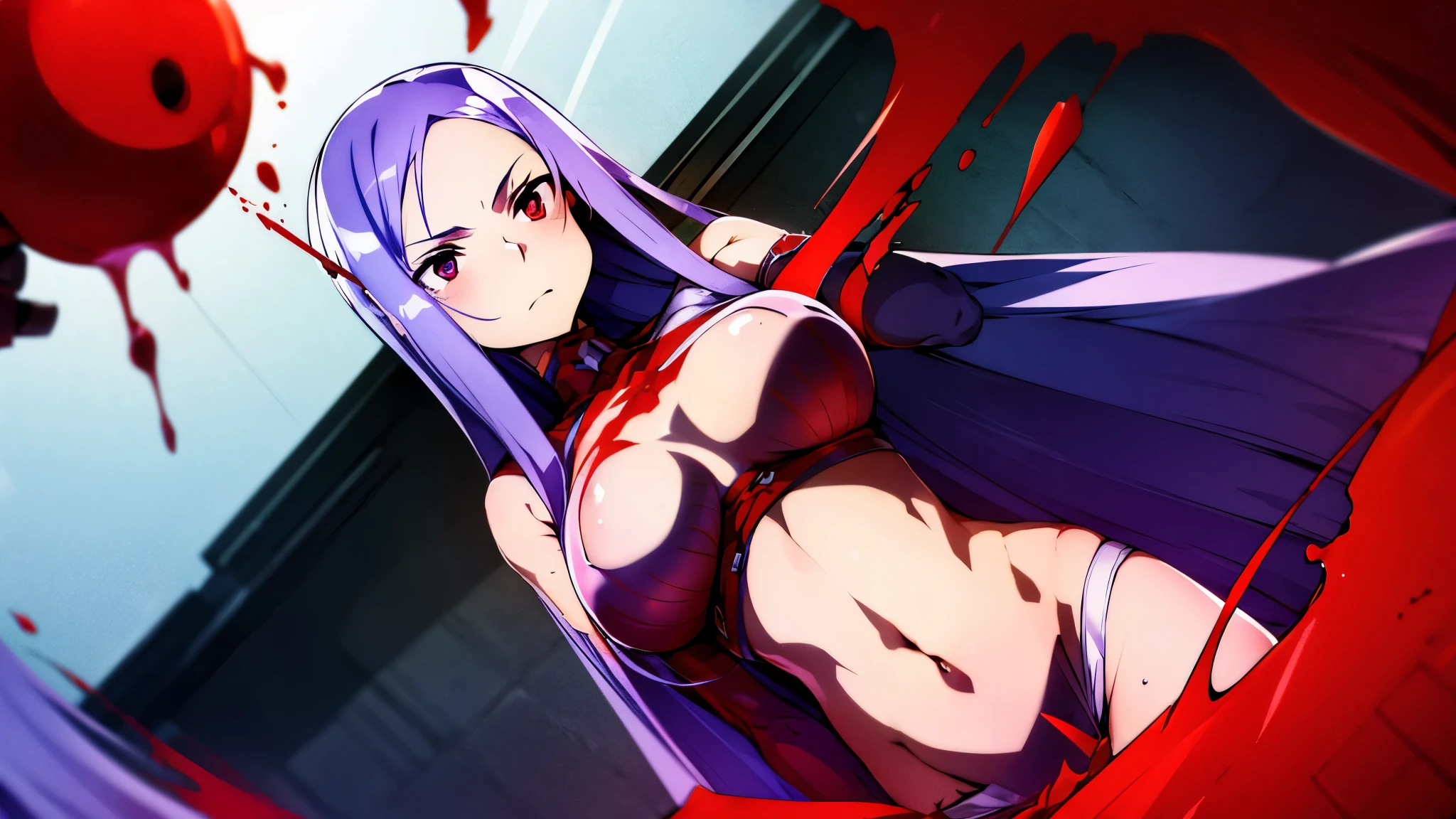 girl, belly button, big breasts, curvy, Queen, bullying, slaughter, enemies helmet in hand, red fluid on body, red liquid on armor, Red fluid on my belly button, Red fluid on my chest, tall, long sword in hand, slashing sword, red liquid splashing, red liquid on my belly button, red liquid on belly, gun, knife, sword, war, battlefield, underwear, kill, shot from below, sensual, Red fluid on my chest, serious, murderous face, enemies helmet with red liquid, enemy is falling, giving the final blow, background(fallen soldier with red liquid)