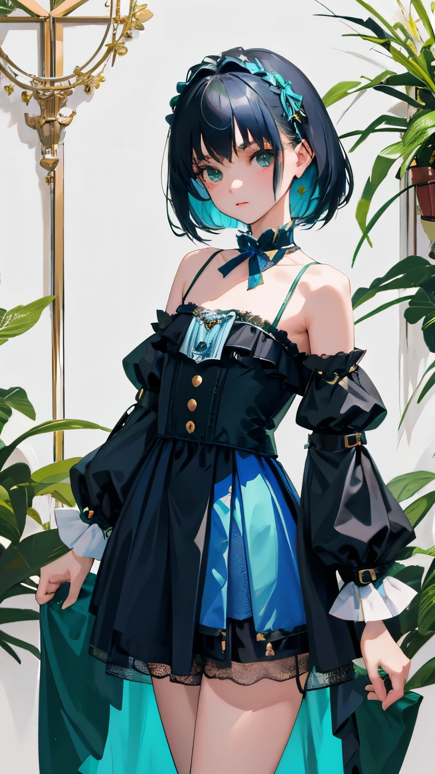 (short cute girl, young studeg delicate girl),(masterpiece,Top quality),blue green lolita outfit,shorts,black hair
