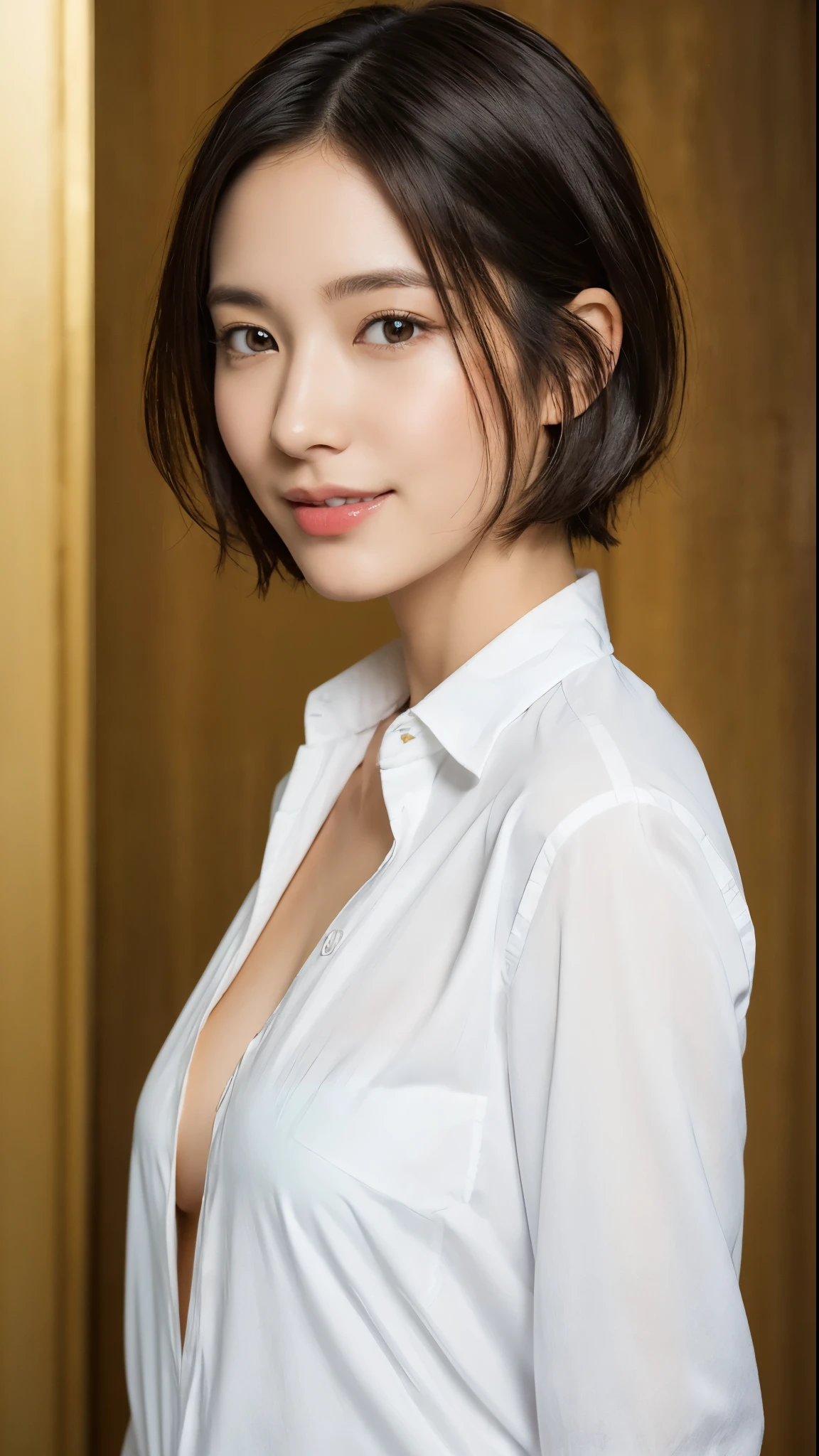 (masterpiece:1.3), (8k, photorealistic, RAW photo, best quality: 1.4), japanese, (1girl), beautiful face, (realistic face), (black hair, short hair:1.3), beautiful hairstyle, realistic eyes, beautiful detailed eyes, (realistic skin), beautiful skin, attractive, ultra high res, ultra realistic, highly detailed, golden ratio, (detaled face:1.2),looking at viewer,smile,open white shirt,medium breasts,standing,hand on hip
