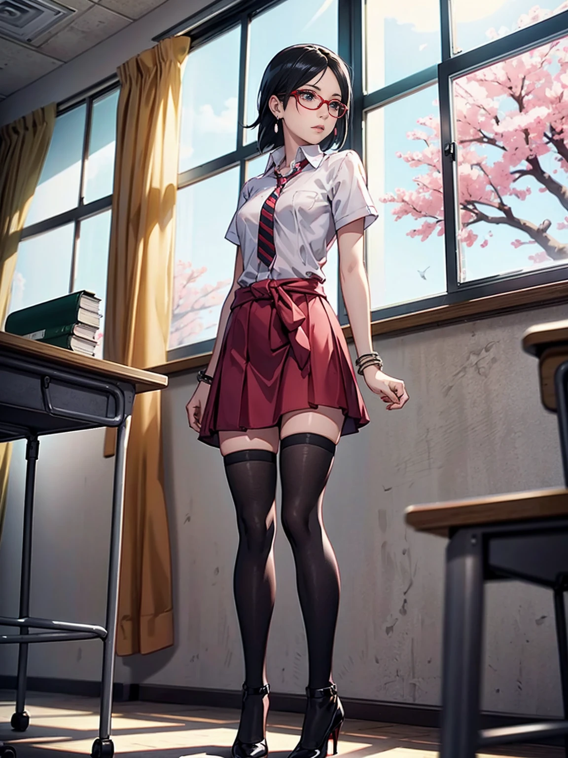 ((1girl, solo ,alone, Sarada Uchiha, short hair, ((dark eyes, bracelets, ruby earrings, black eyes, glasses, small breasts, standing)), uchiha sarada)), ((solo, 1woman, pink lipstick, Extremely detailed, ambient soft lighting, 4k, perfect eyes, a perfect face, perfect lighting, a 1girl)), austere, (((JC girl, hands on waist, school uniform, socks Thigh High), school uniform, dress shirt, white shirt, red striped tie, low heels, long socks, black socks, school, classroom, red skirt, skirt)), ((classroom background, window, garden, cherry blossoms, flowers, open windows))