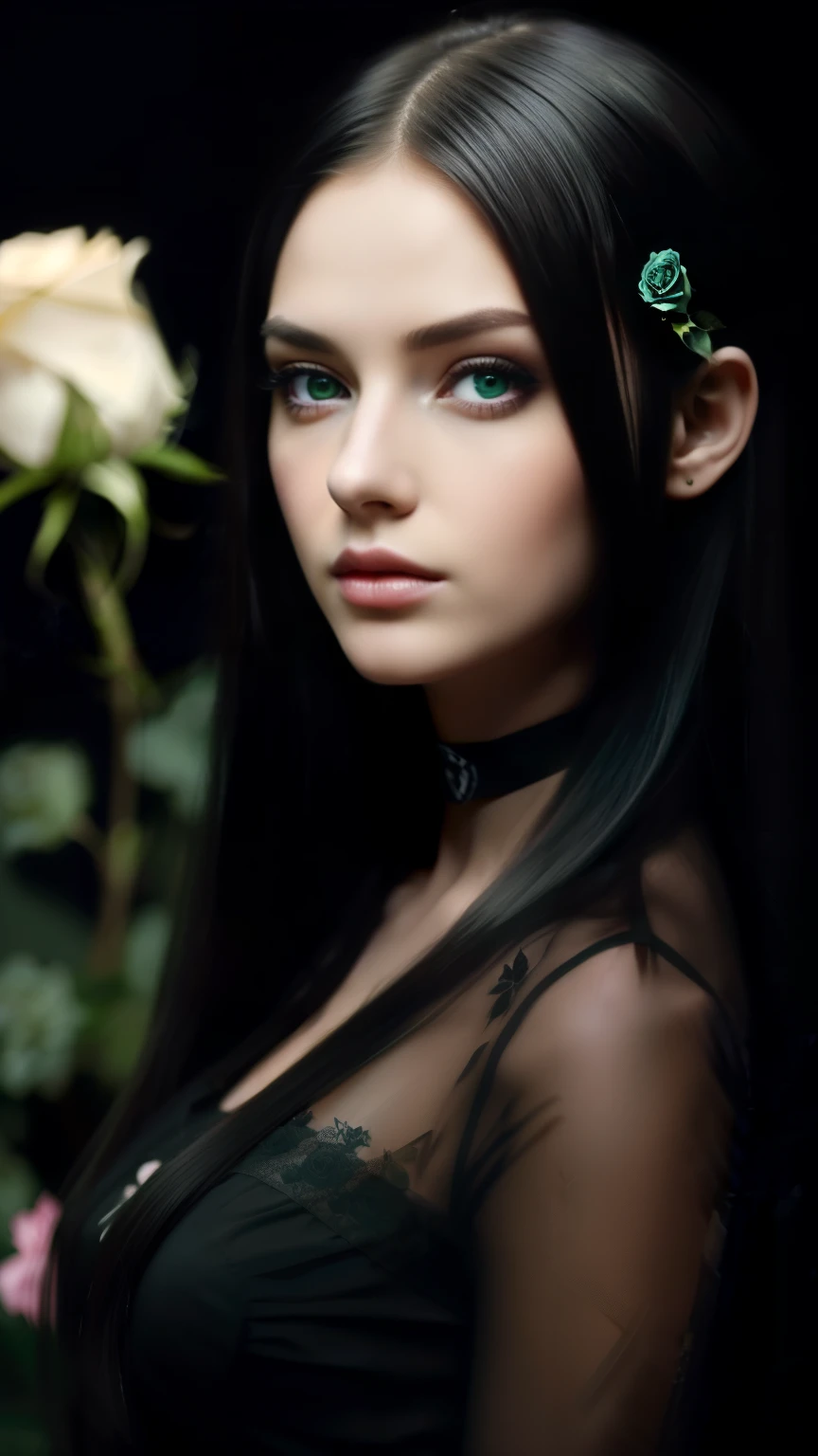 ((Masterpiece, Best quality)),best aesthetics,1 girl, One, long hair, Black dress, flower, tape, Black background, black hair, Rose, hair tape, Green eyes, long sleeves, white Rose, closed mouth, black tape, Upper body, cinematic lighting