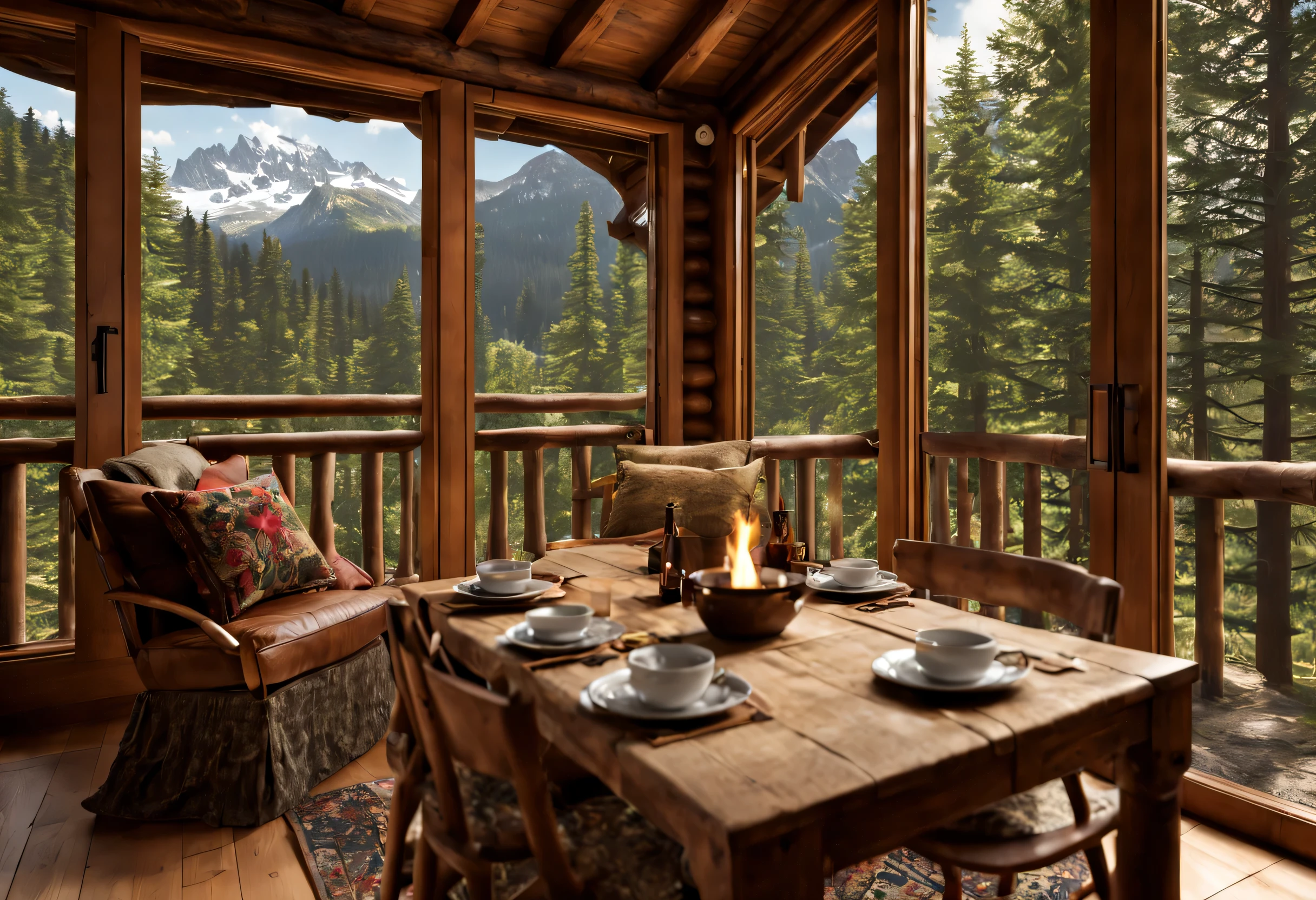 (best quality,4k,8k,highres,masterpiece:1.2),ultra-detailed,(realistic,photorealistic,photo-realistic:1.37),Small mountain cabin,wooden cabin with beautiful details and craftsmanship,secluded location,nestled in the pristine forest,tucked away among towering trees,cozy interior with a crackling fireplace,warm and inviting atmosphere,panoramic view of majestic snow-capped mountains,stunning landscapes visible from every window,tranquil and serene,surrounded by lush greenery,majestic peaks in the distance,picturesque mountain range in the backdrop,crisp and fresh mountain air,light streaming through the tall windows,illuminating the rustic furniture and wooden beams,soft and cozy blankets and cushions,wood-burning stove providing warmth,inviting aroma of home-cooked meals lingering in the air,exquisite wooden furnishings,each piece crafted with love and care,natural materials giving a sense of warmth and comfort,fireplace mantel adorned with hand-carved decorations,inviting nooks and corners to curl up with a book,peaceful sound of crackling fire mixing with distant bird songs,flickering candlelight casting a warm glow on the walls,artistic paintings and photographs adorning the walls,a small library of books for hikers and mountaineers,every corner of the cabin filled with stories and memories,enticing aroma of freshly brewed coffee,steaming mugs on the table,inviting hikers and mountaineers to rest and recharge,cosy bedrooms with comfortable beds and soft linens,restful sleep after a long day of exploring the mountains,starry nights with millions of twinkling lights overhead,a mountain cabin retreat for adventure and tranquility.