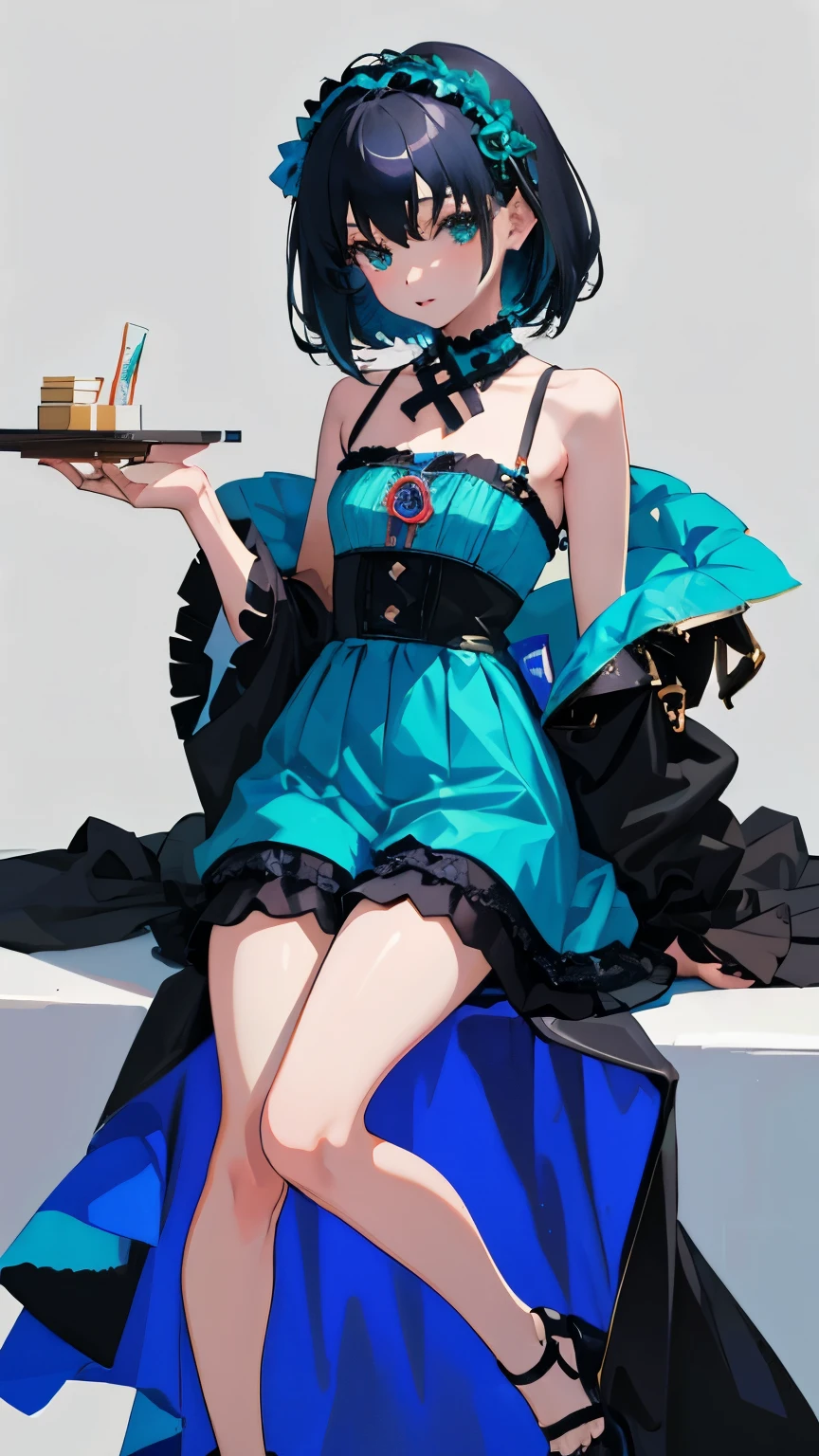 (short cute girl,small young student,young delicate girl),(masterpiece,Top quality),blue green lolita outfit,shorts,black hair
