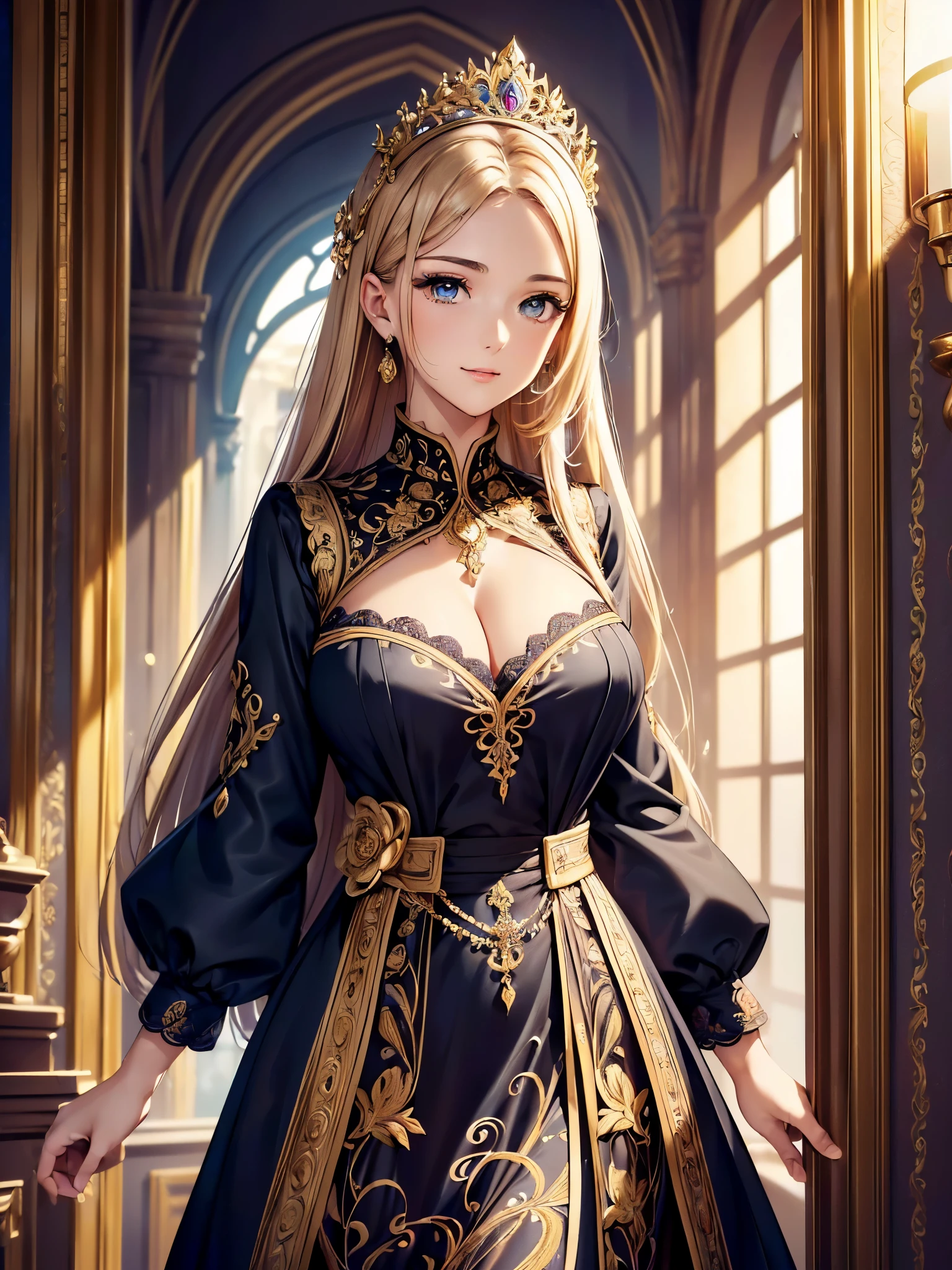 ((highest quality)),(ultra high resolution),(Super detailed),(detailed description),((best CG)),(best work of art),super precision art,amazing drawing art,(Art with precise details:1.5),(1 aristocratic daughter 1.7),(beautiful and well-shaped face:1.5),(A colorful dress with intricate details:1.6,Detailed and detailed embroidery:1.5),Smile:1.6, chateau:1.8