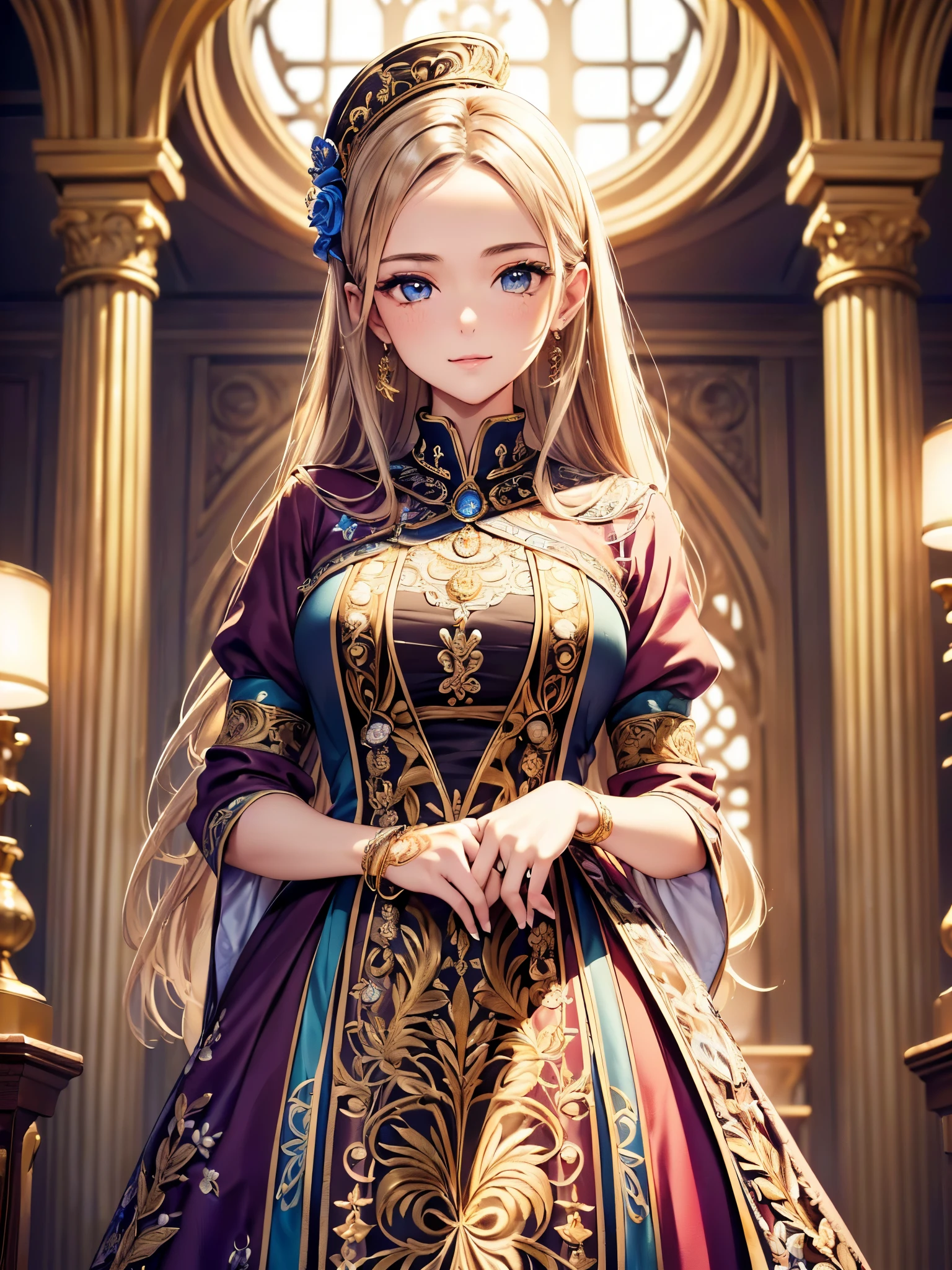 ((highest quality)),(ultra high resolution),(Super detailed),(detailed description),((best CG)),(best work of art),super precision art,amazing drawing art,(Art with precise details:1.5),(1 aristocratic daughter 1.7),(beautiful and well-shaped face:1.5),(A colorful dress with intricate details:1.6,Detailed and detailed embroidery:1.5),Smile:1.6, chateau:1.8