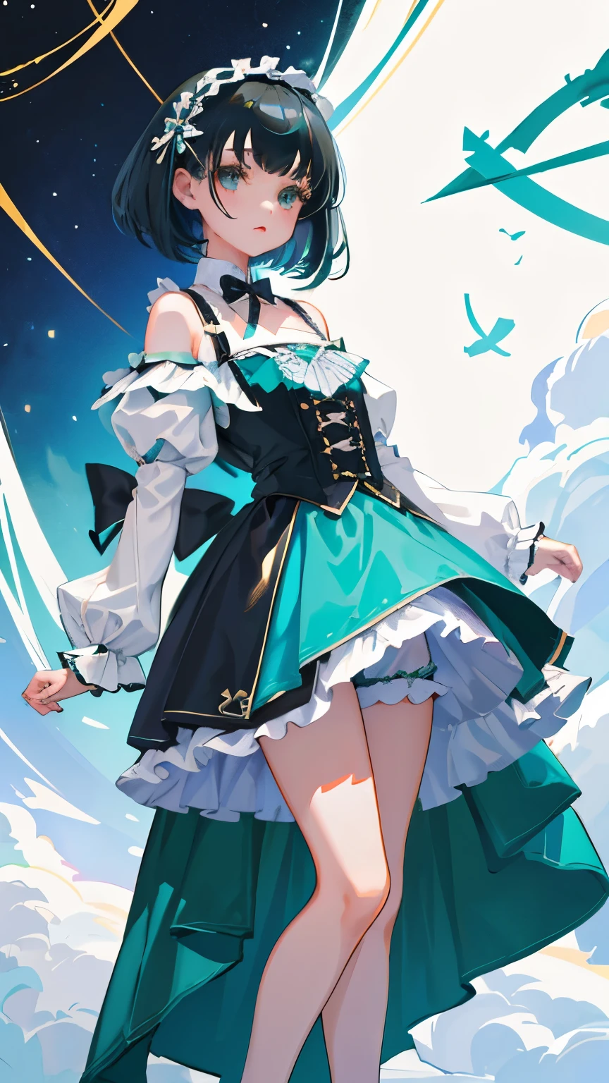 (short cute girl，small young student，young delicate girl）,（masterpiece，Top quality)，blue green lolita outfit，shorts，black hair