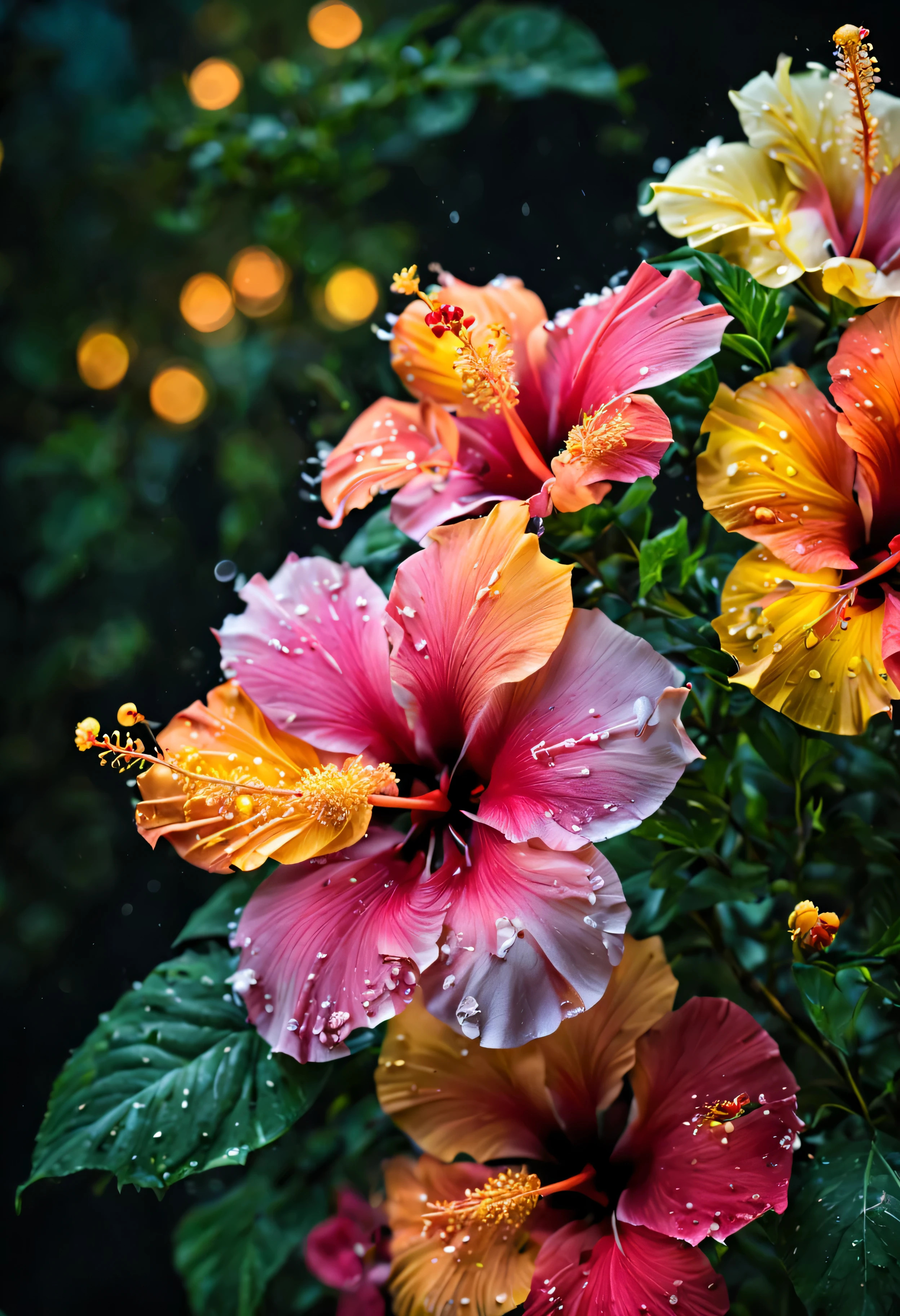 There are two colorful hibiscus flowers，There are water drops on it, Magical colorful hibiscus flower, beautiful tropical flowers, Colorful hibiscus flowers, Beautiful and colorful, colorful flowers, magical flowers, colorful flowers, tropical flowers, Beautiful and colorful, blooming tropical flowers, large exotic flowers, glowing flowers, with beautiful colors, Beautiful flowers, Beautiful flowerss, tropical flowers植物, brightly colorful flowers, Pink orange flowers dark simple background.bokeh background