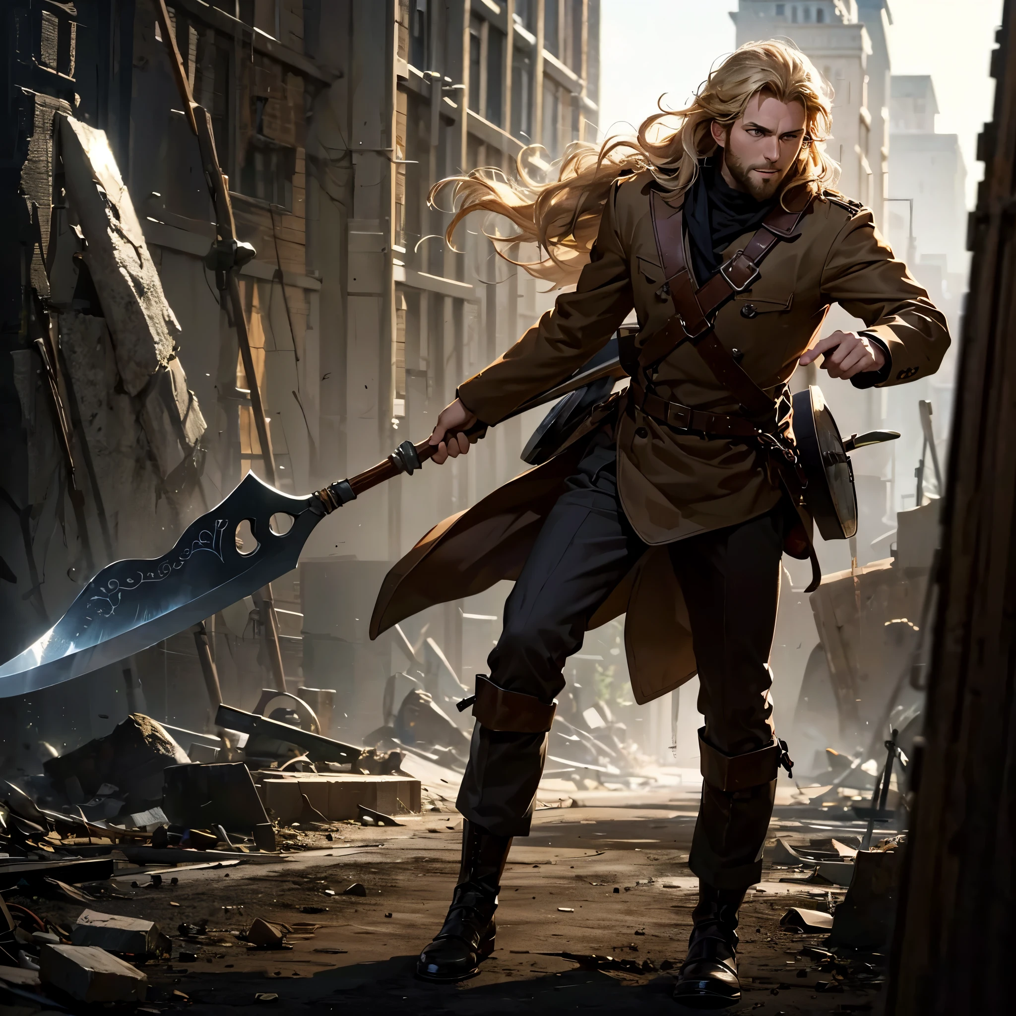 ((a man, swinging a battle axe, late 30s)), (blond, medium, middle-part wavy hair), light-purple eyes, little eyebrows, slightly thick beard, slightly long face, soldier clothes, full body