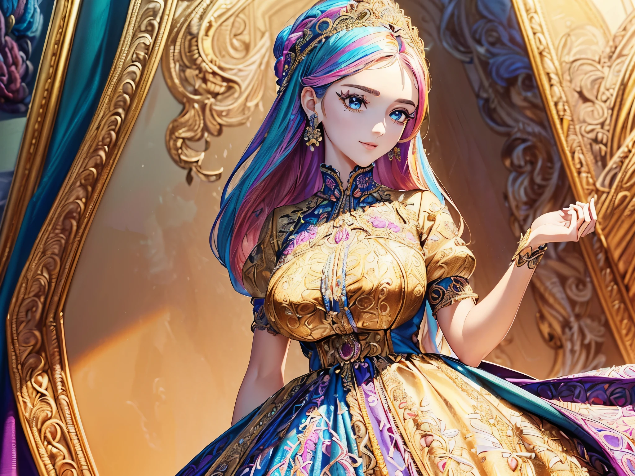 ((highest quality)),(ultra high resolution),(Super detailed),(detailed description),((best CG)),(best work of art),super precision art,amazing drawing art,(Art with precise details:1.5),(1 aristocratic daughter 1.7),(beautiful and well-shaped face:1.5),(A colorful dress with intricate details:1.6,Detailed and detailed embroidery:1.5),Smile:1.6, chateau:1.8