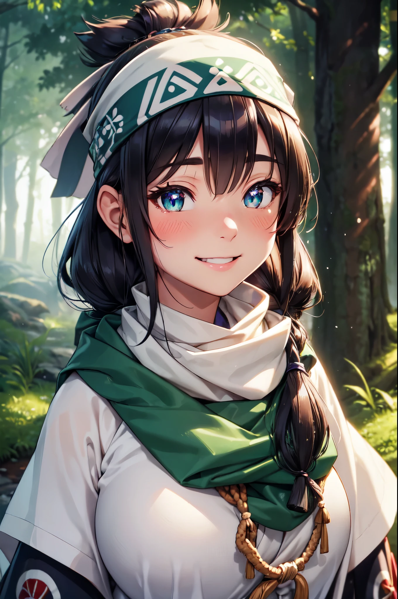 (High quality, High resolution, Fine details), Fog, Forest, Ainu Clothing, Bandana, solo, curvy women, sparkling eyes, (Detailed eyes:1.2), smile, blush, Sweat, Oily skin, Fantastic, shallow depth of field
