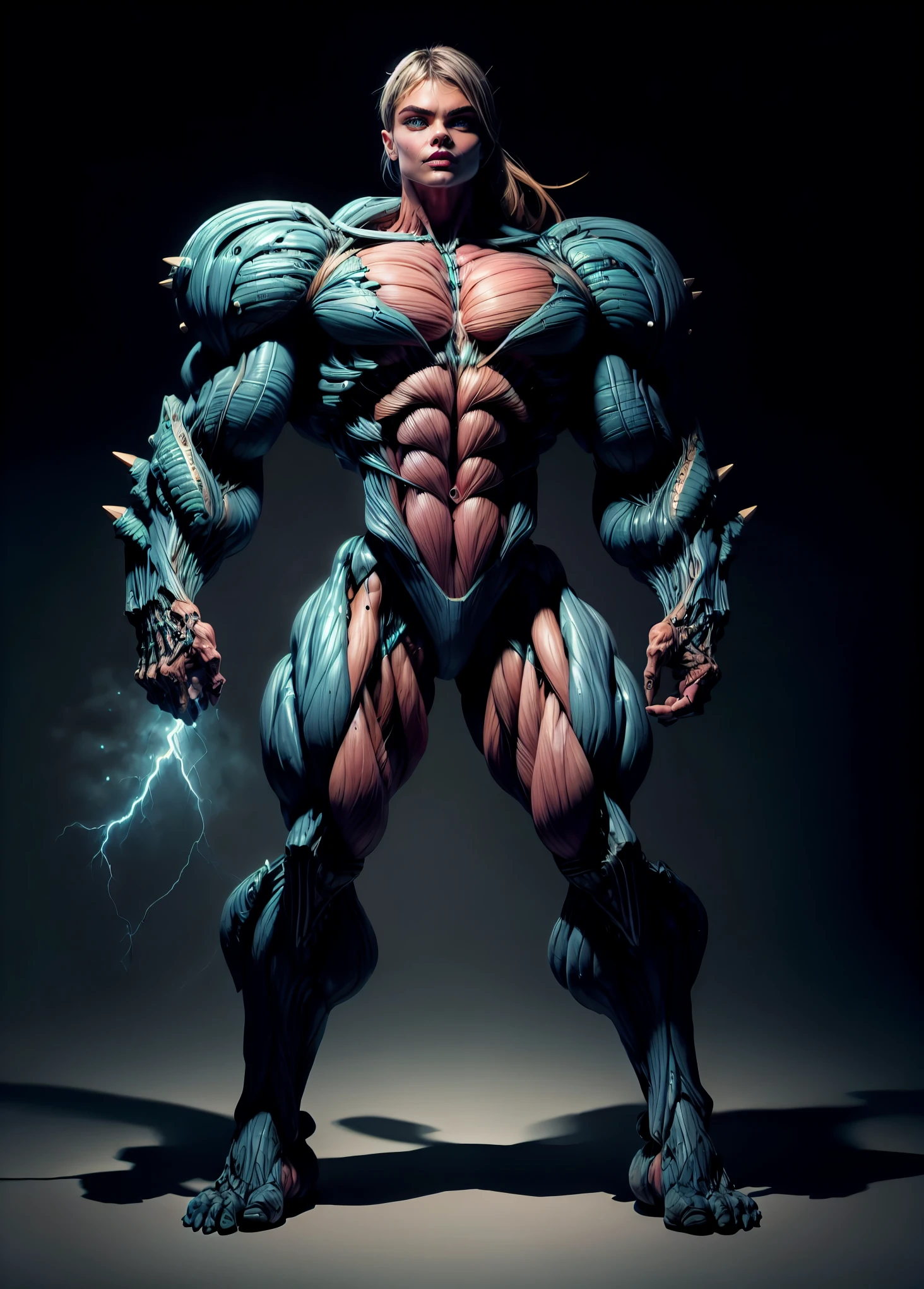 (1 girl), (megan fox:1.25), Beautiful muscular bimbo girl, (naked:1.25), (bimbo lips), (extreme muscular definition:1.5), (huge muscular arms:1.5,) (pure white skin:1.25), (10-pack abs:1.4), (lots of veins:1.25), Ultra Realistic, Very detailed face and eyes, a true masterpiece, with an atmosphere of horror, gothica, blood, haunted cathedrals