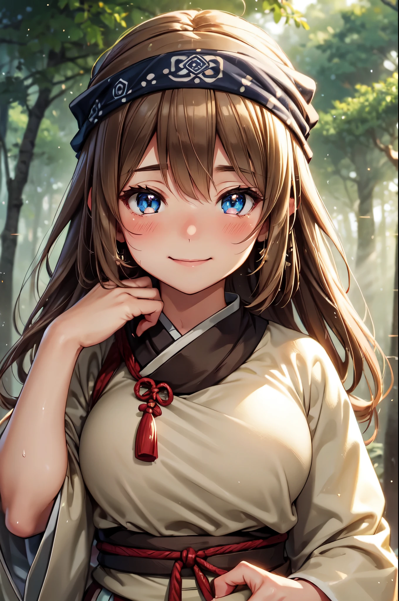 (High quality, High resolution, Fine details), Fog, Forest, Ainu Clothing, Bandana, solo, curvy women, light brown hair, sparkling eyes, (Detailed eyes:1.2), smile, blush, Sweat, Oily skin, Fantastic, shallow depth of field
