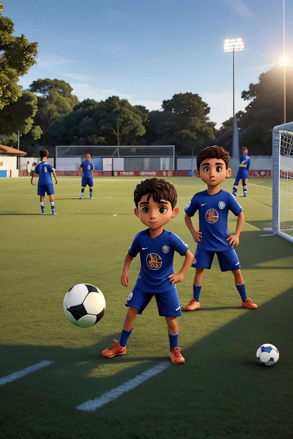 os meninos, com a sua equipe de futebol treinando no seu campo local numa noite mas cheia de estrelas 