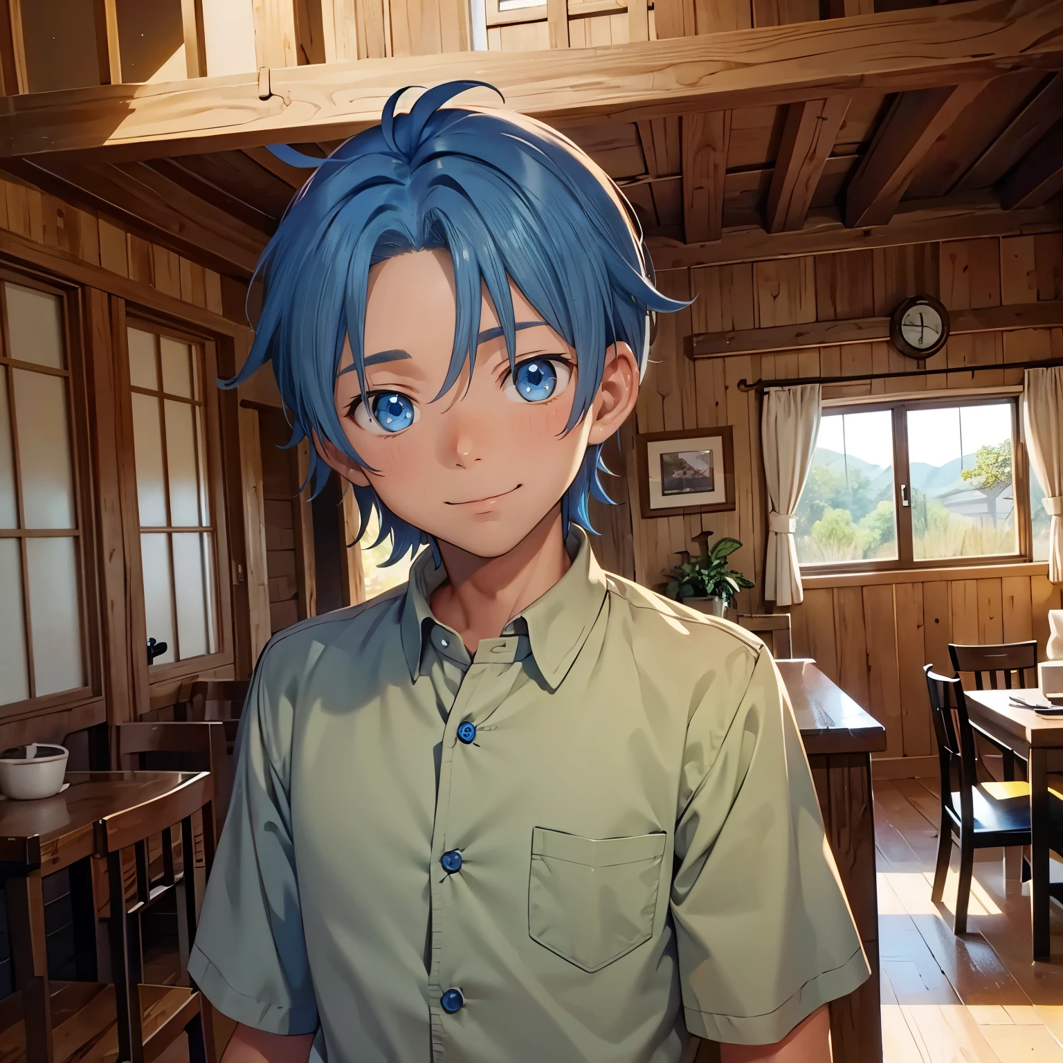 Blue hair, tan, medium hair, blue eyes, short, khaki clothes, happy, gem in forehead, cabin, mature, man, guy, male, black skin