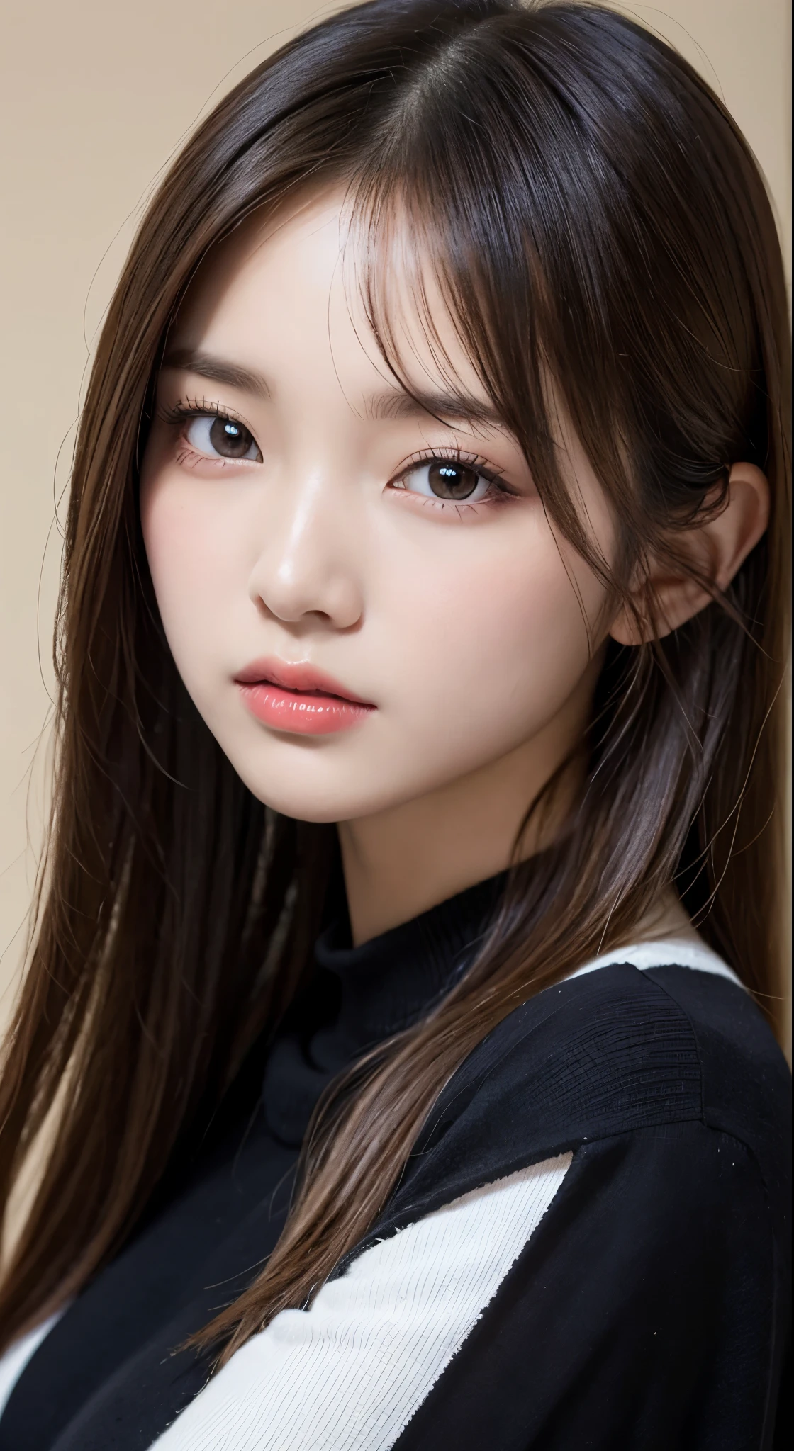 on the table, best quality, illustration, super detailed, Exquisite details, high resolution, 8k wallpaper, Perfect dynamic composition, beautiful and delicate eyes, natural lips, Long sleeve black knitted dress, small breasts, 随意摆出charming姿势,original photo,KPOP idol face,charming,close-up of your face