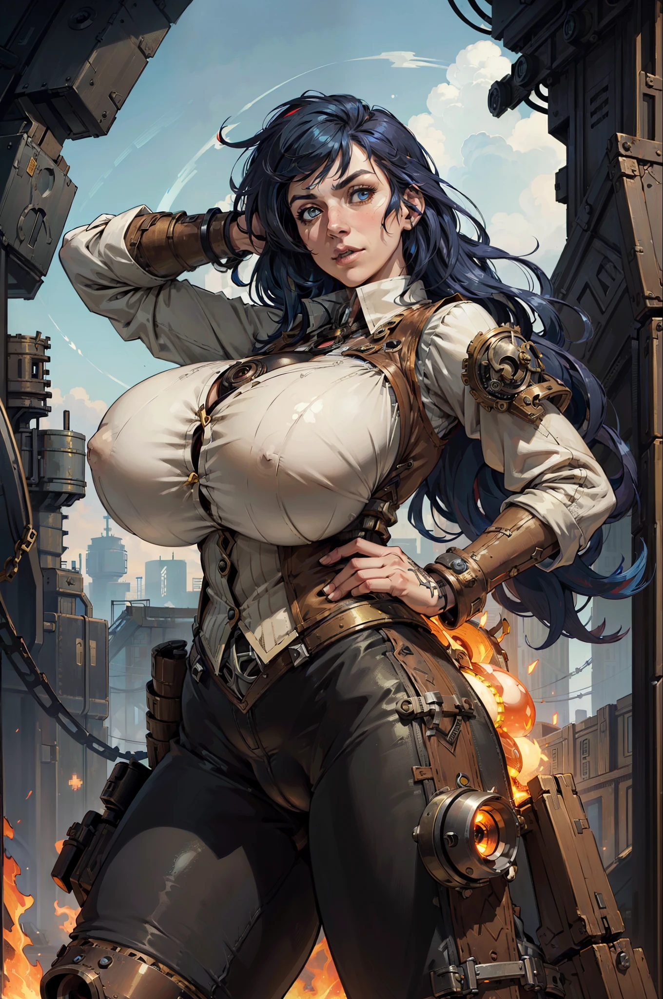 (ultra gigantic large breast:1.8),(((dynamic pose, dynamic camera shot)))marked under the clothes, marked cameltoe,(absurdres, highres, ultra detailed), 1woman, mature female, aged up, wavy long hair, split-color hair, heterochromia, bangs, long sleeves, finely detailed eyes and detailed face, extremely detailed CG unity 8k wallpaper, intricate details, (style-rustmagic:0.8), (medieval cyborg:0.8), portrait, (bloody wounds:0.7), looking at viewer, solo, half shot, detailed background, (steampunk theme:1.1) determined expression, dark couds technomancer, floating lights, color leather vest with gears, techwear, jetpack, workshop in background, machines, gears, steam, industry, technology, furnace, grime, anvil, buttons, levers, automaton, electricity, electric sparks epic atmosphere,, portrait