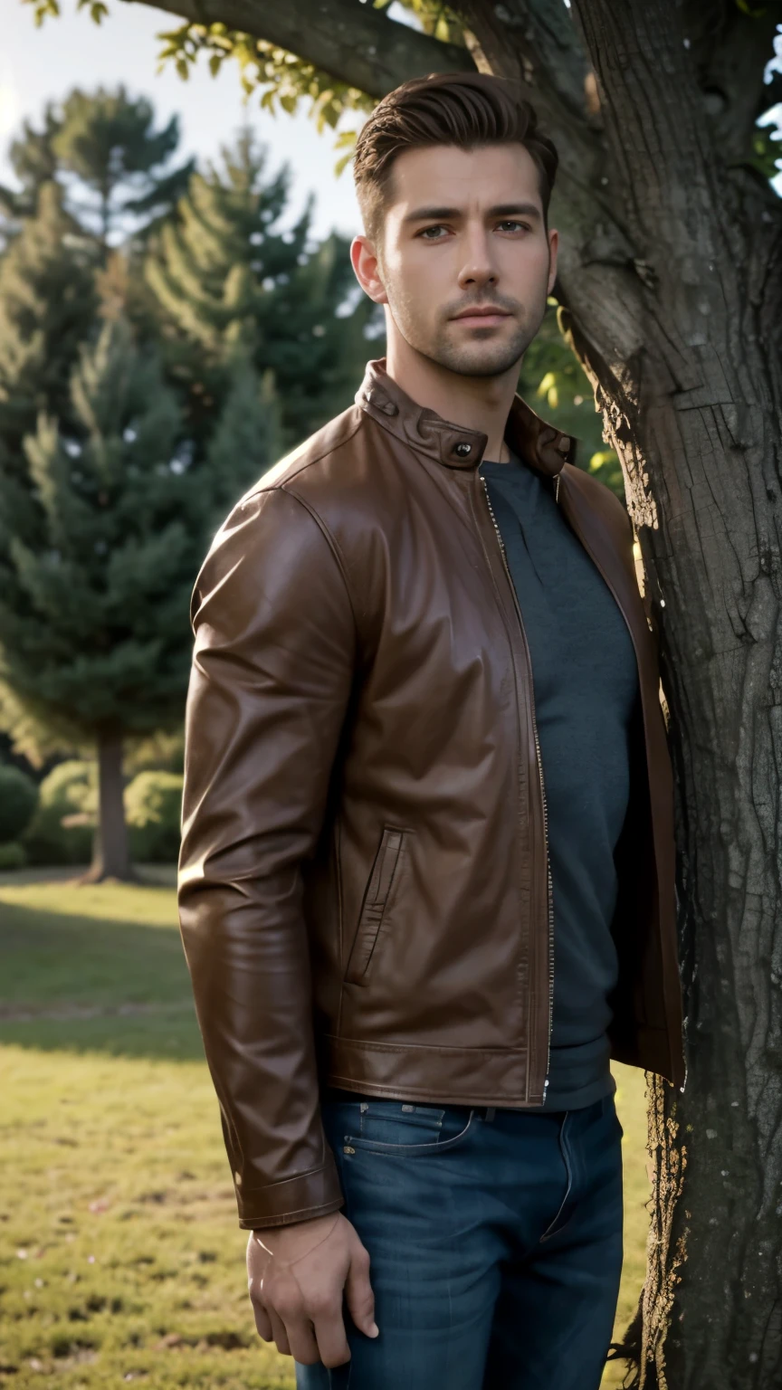 Handsome guy, standing, full body Ultra-realistic detailed rendering, wearing a brown leather jacket, with his whole body visible, straight short hair,standing beside the tree, and with a tree behind him, and with a little light?