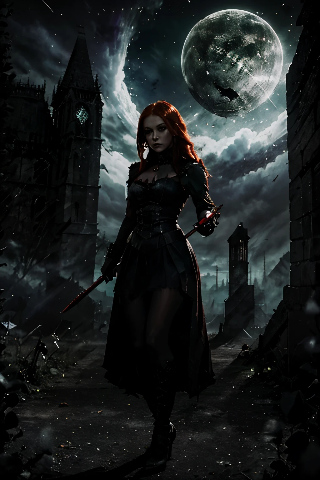 beautiful woman red hair green eyes Gothic aesthetic fighting stances with weapon in right hand , mysterious spooky castle ,graveyard，style gothique ,rose rouge sang ,Mystical witch tomb ,Gothic cathedral ruins，Gothic symbols series